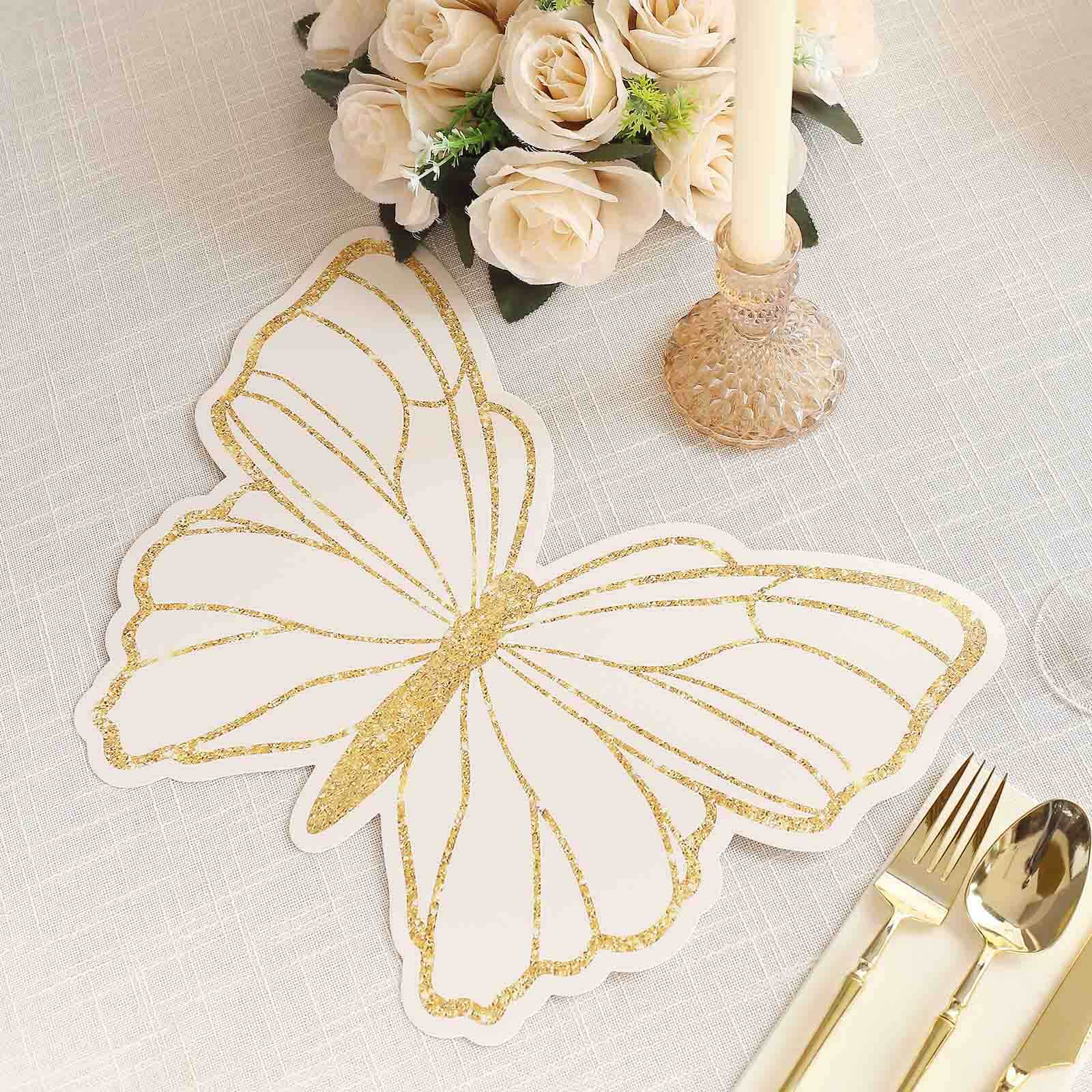 10 Pack White Gold Glitter Butterfly Disposable Table Mats, 14" Cardboard Paper Placemats - 400GSM Pro Linens