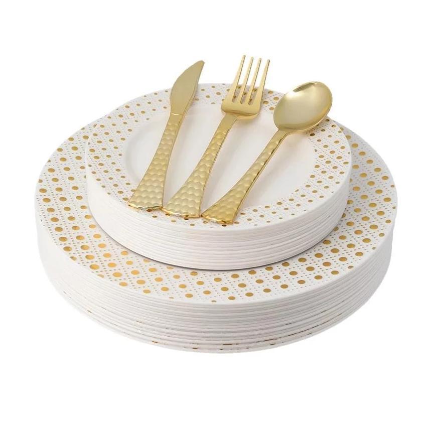 100 Piece Gold and White Round Plastic Dinnerware and Silverware value set (20 Servings) - Sphere - Pro Linens