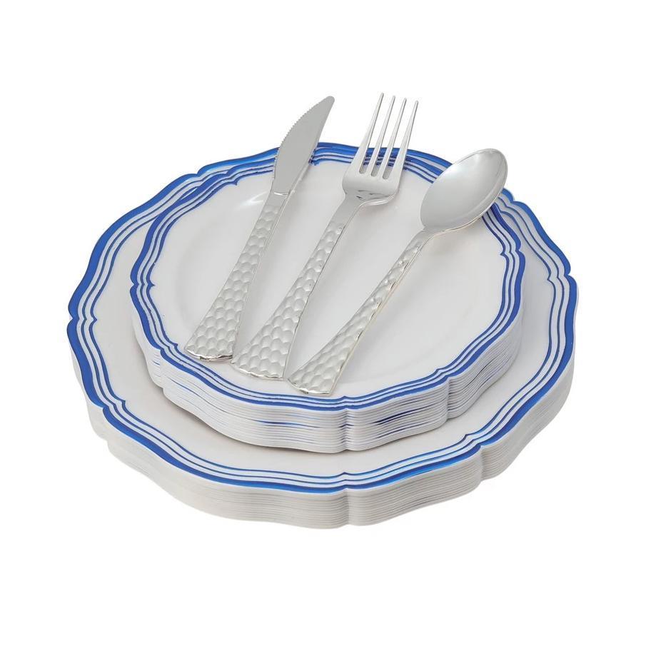 100 Piece White and Blue Round Plastic Dinnerware and Silverware value set (20 Servings) - Aristocrat - Pro Linens