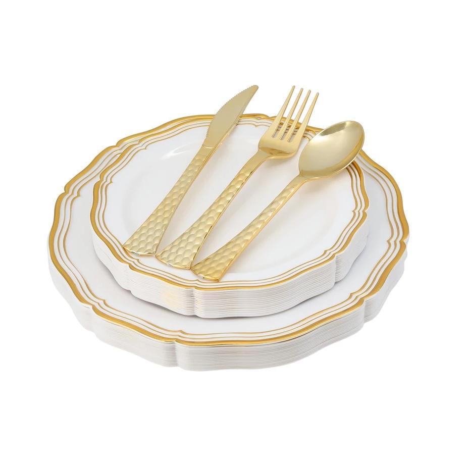 100 Piece White and Gold Round Plastic Dinnerware and Silverware Value Set (20 Servings) - Aristocrat - Pro Linens