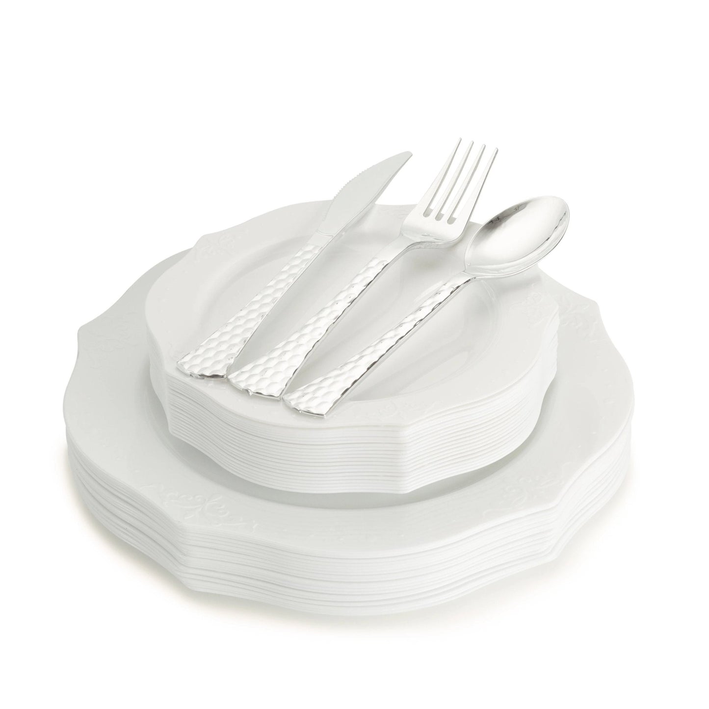 100 Piece White Round Plastic Dinnerware and Silverware value set (20 Servings) - Antique - Pro Linens