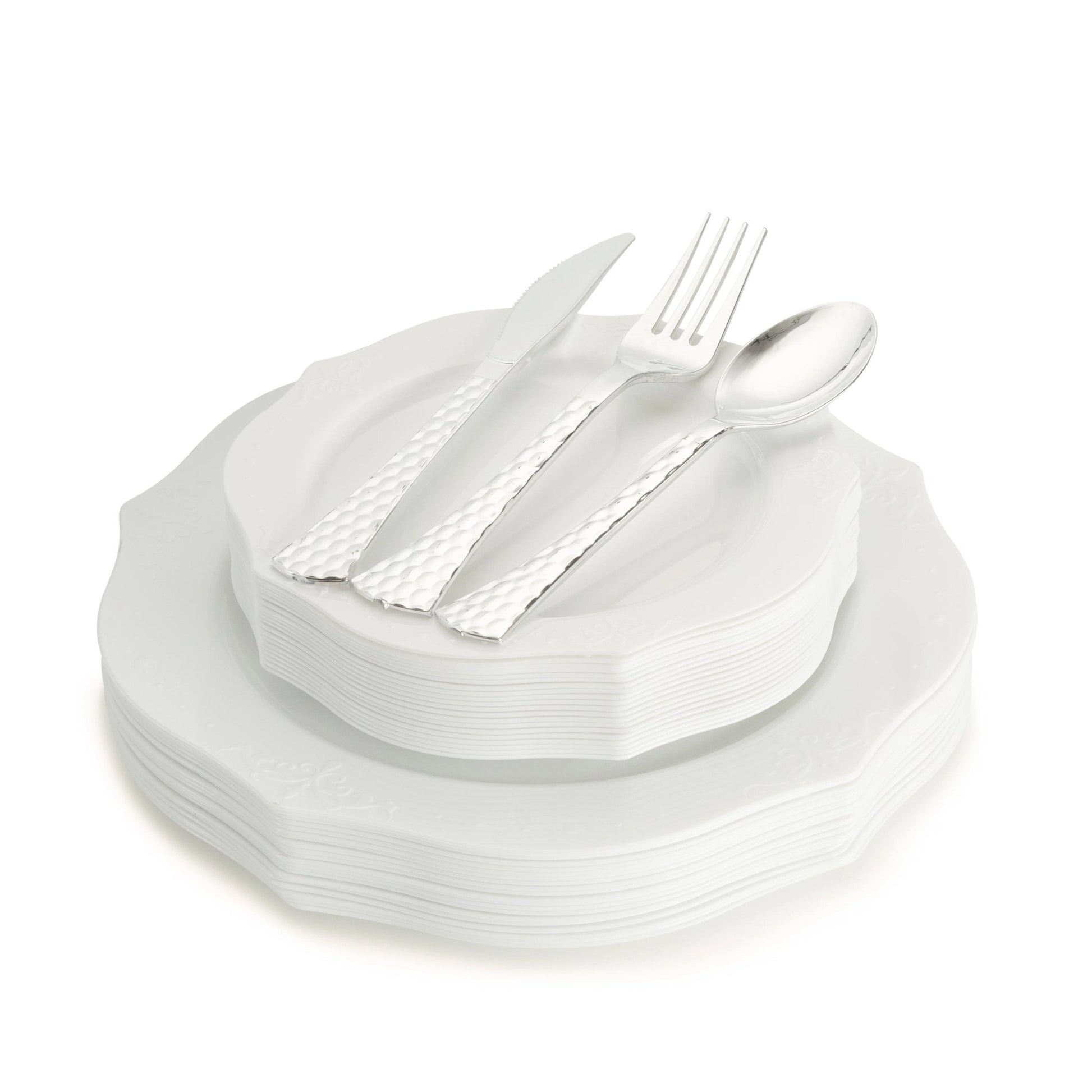 100 Piece White Round Plastic Dinnerware and Silverware value set (20 Servings) - Antique - Pro Linens