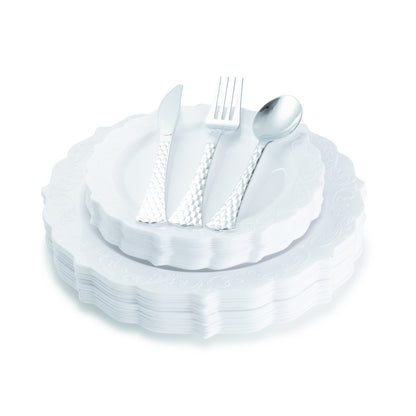 100 Piece White Round Plastic Dinnerware and Silverware value set (20 Servings) - Elegant - Pro Linens