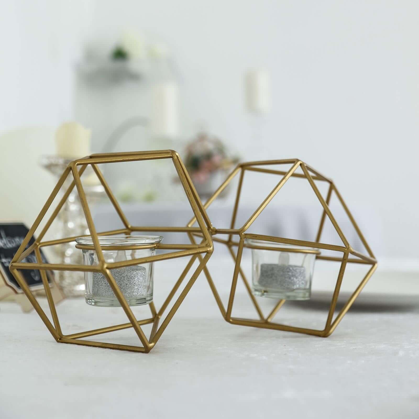 11" Long Gold Linked Geometric Tealight Candle Holder Set With Votive Glass Holders Pro Linens