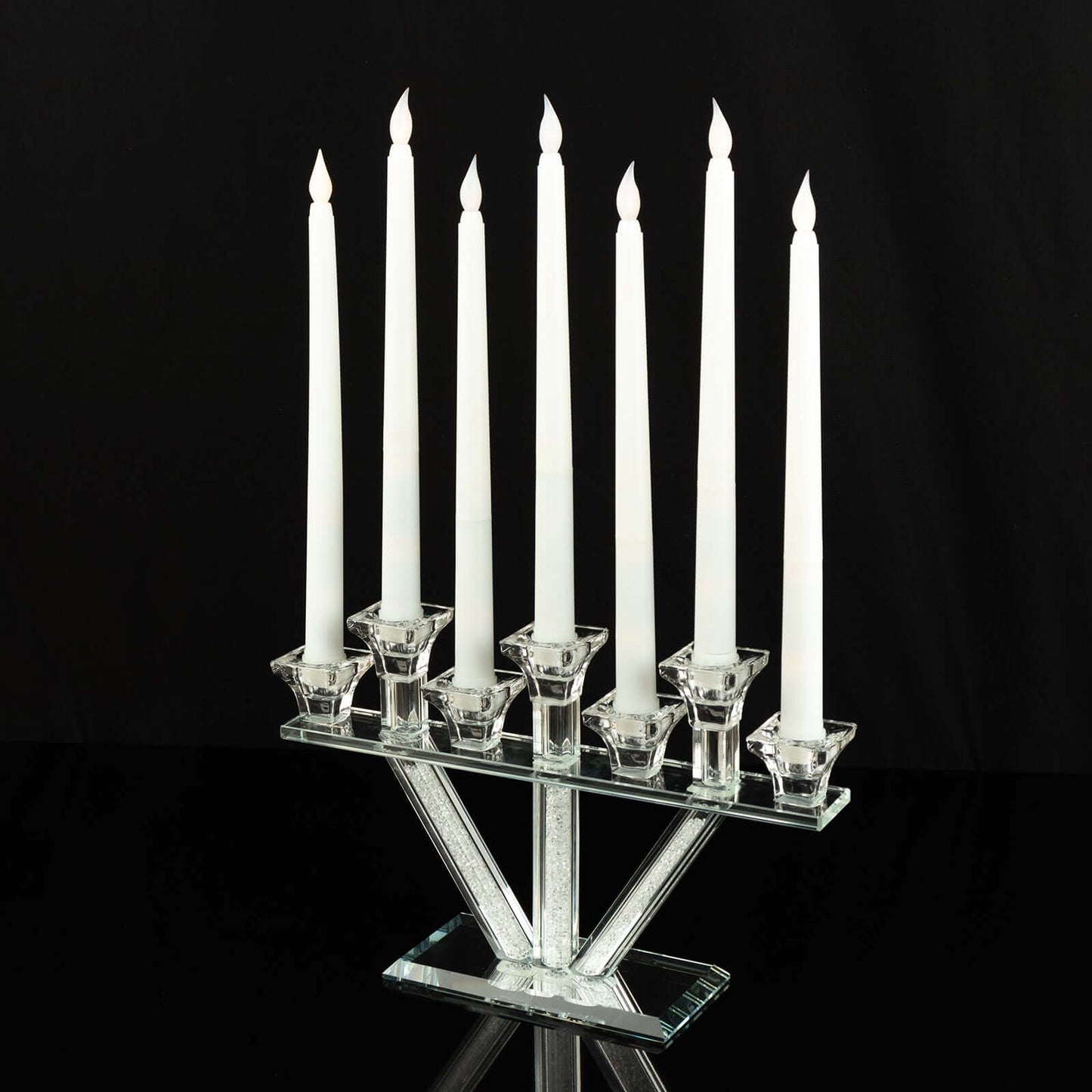 12" Crystal Glass Candelabra With Crystal Filler, 7-Branch Taper Candle Stick Holder Stand with Mirror Rectangular Base Pro Linens