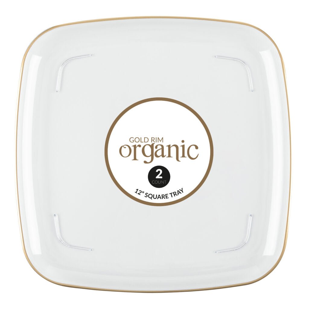 12 Inch Clear and Gold Rim Square Organic Serving Tray Dish - 2 Pack - Pro Linens