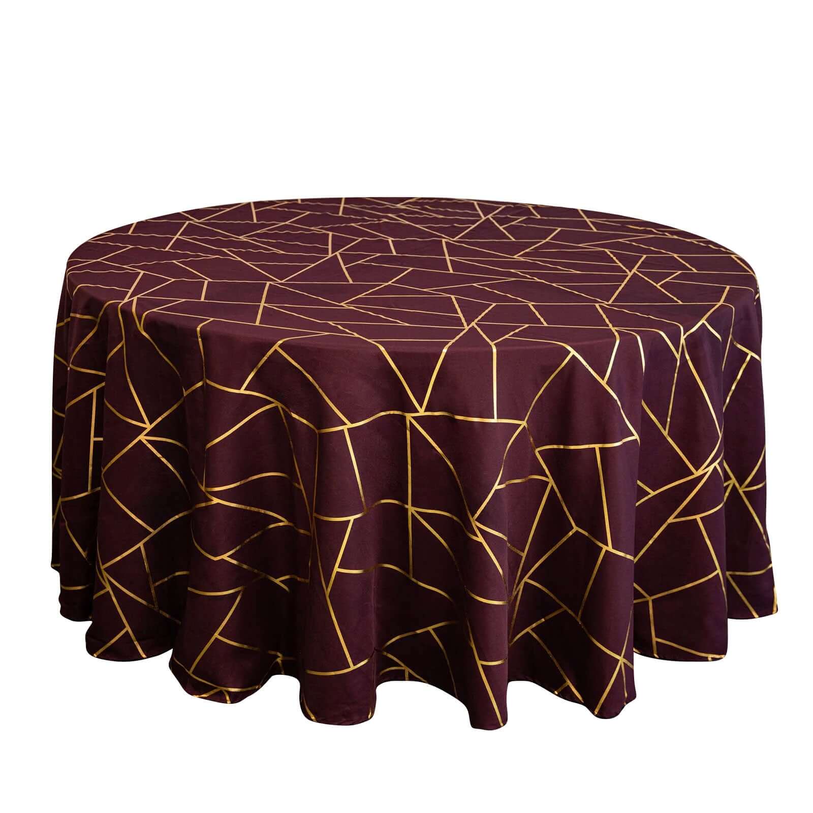 120" Burgundy Seamless Round Polyester Tablecloth With Gold Foil Geometric Pattern for 5 Foot Table With Floor-Length Drop Pro Linens