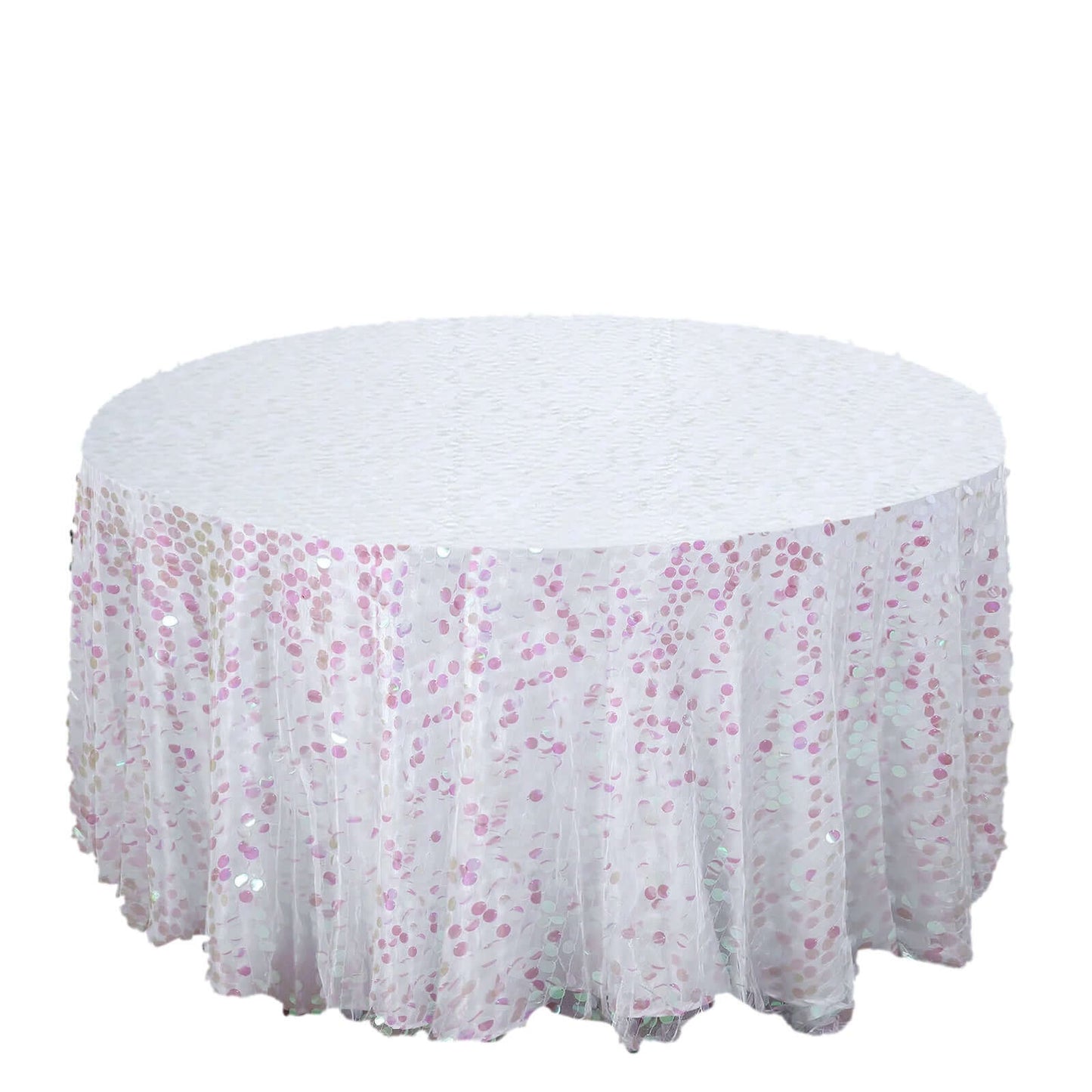 120" Iridescent Seamless Big Payette Sequin Round Tablecloth Collection for 5 Foot Table With Floor - Length Drop - Pro Linens