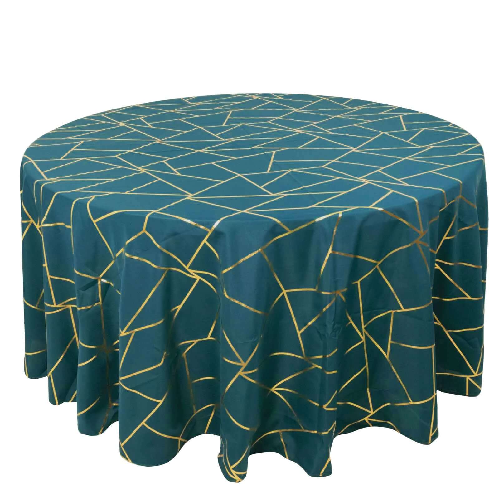 120" Peacock Teal Seamless Round Polyester Tablecloth With Gold Foil Geometric Pattern for 5 Foot Table With Floor-Length Drop Pro Linens