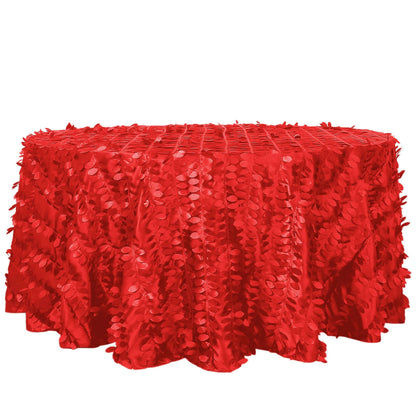 120" Red 3D Leaf Petal Taffeta Fabric Seamless Round Tablecloth for 5 Foot Table With Floor-Length Drop Pro Linens