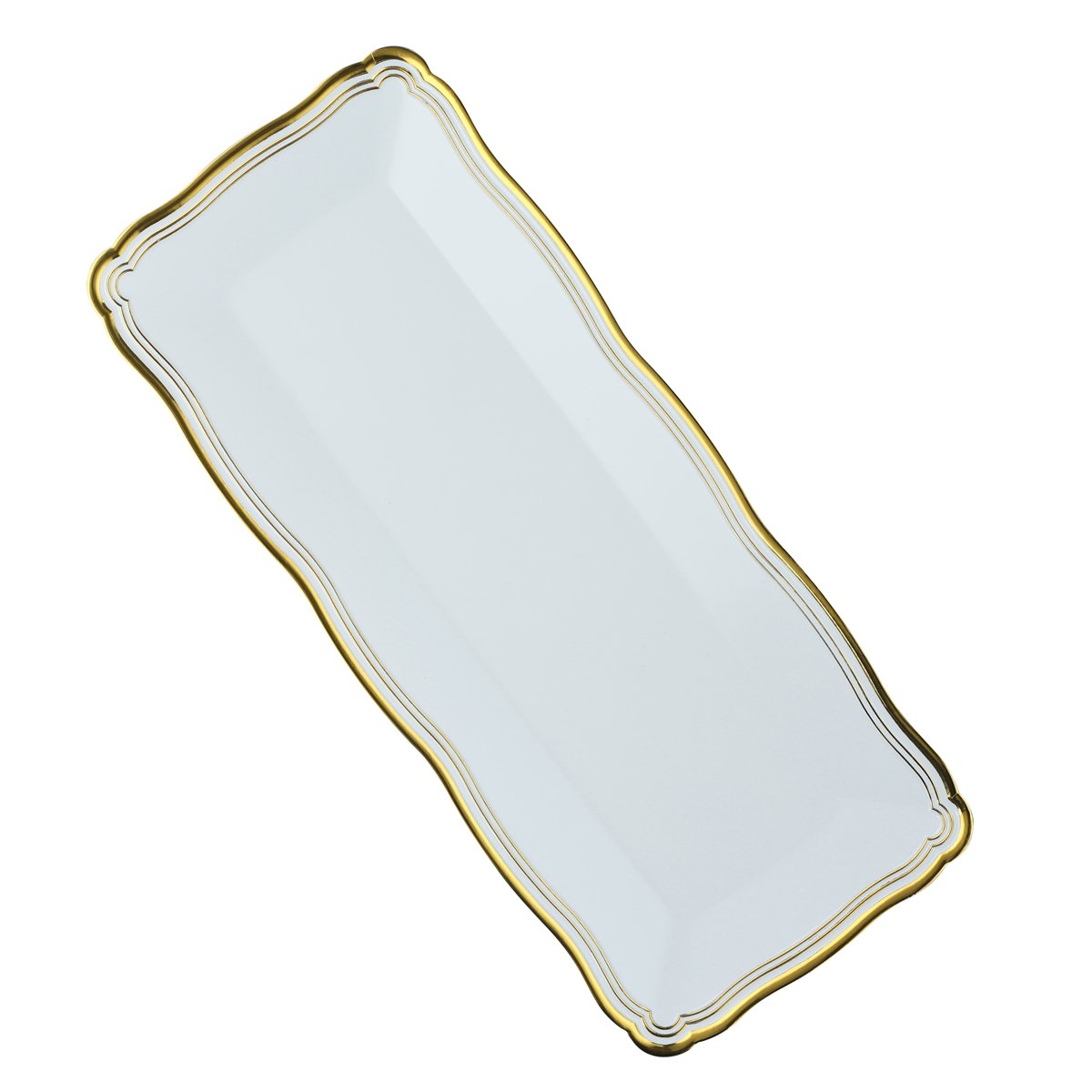 13.75 X 6 Inch Rectangle White And Gold Rim Plastic Serving Tray - Pro Linens