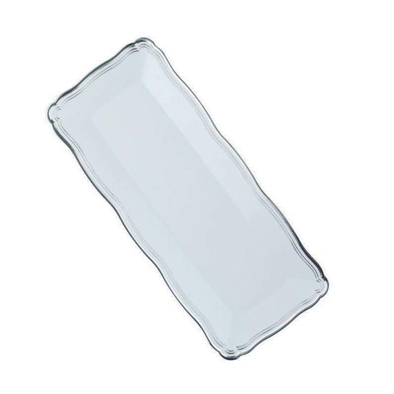 13.75 X 6 Inch Rectangle White and Silver Rim Plastic Serving Tray - Pro Linens