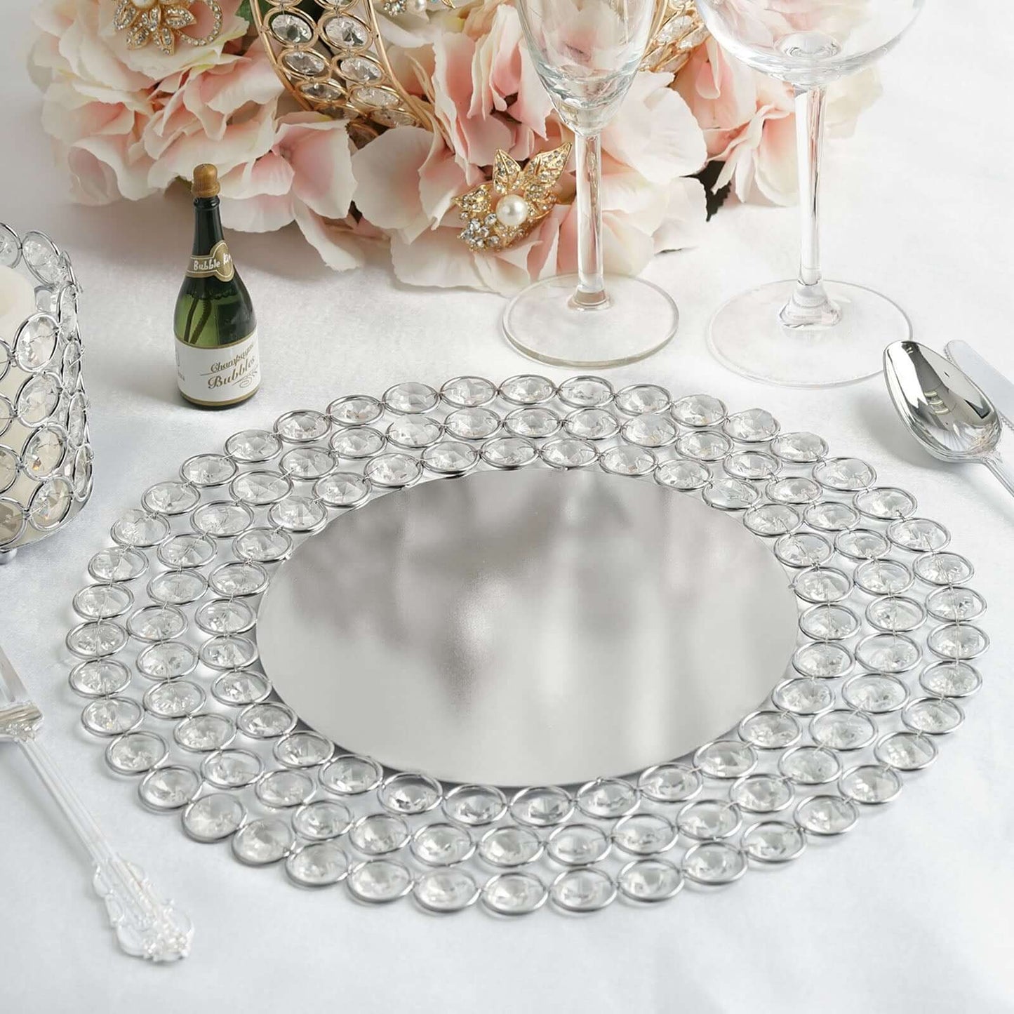 14" Silver Wired Metal Acrylic Crystal Beaded Charger Plate Pro Linens