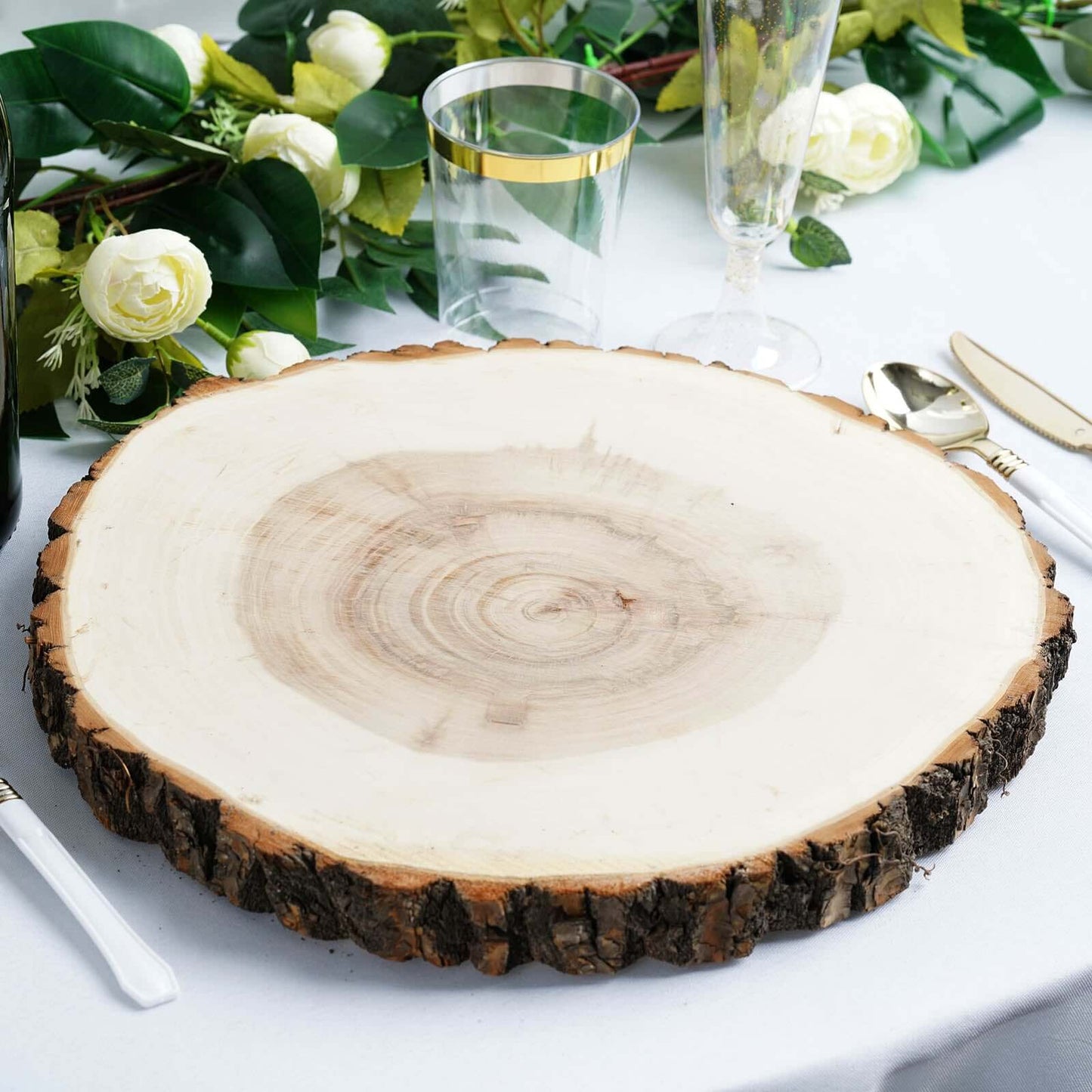 15" Dia Natural Wood Charger Plates With Bark Edge Wood Slice Chargers Rustic Wedding Table Settings Pro Linens