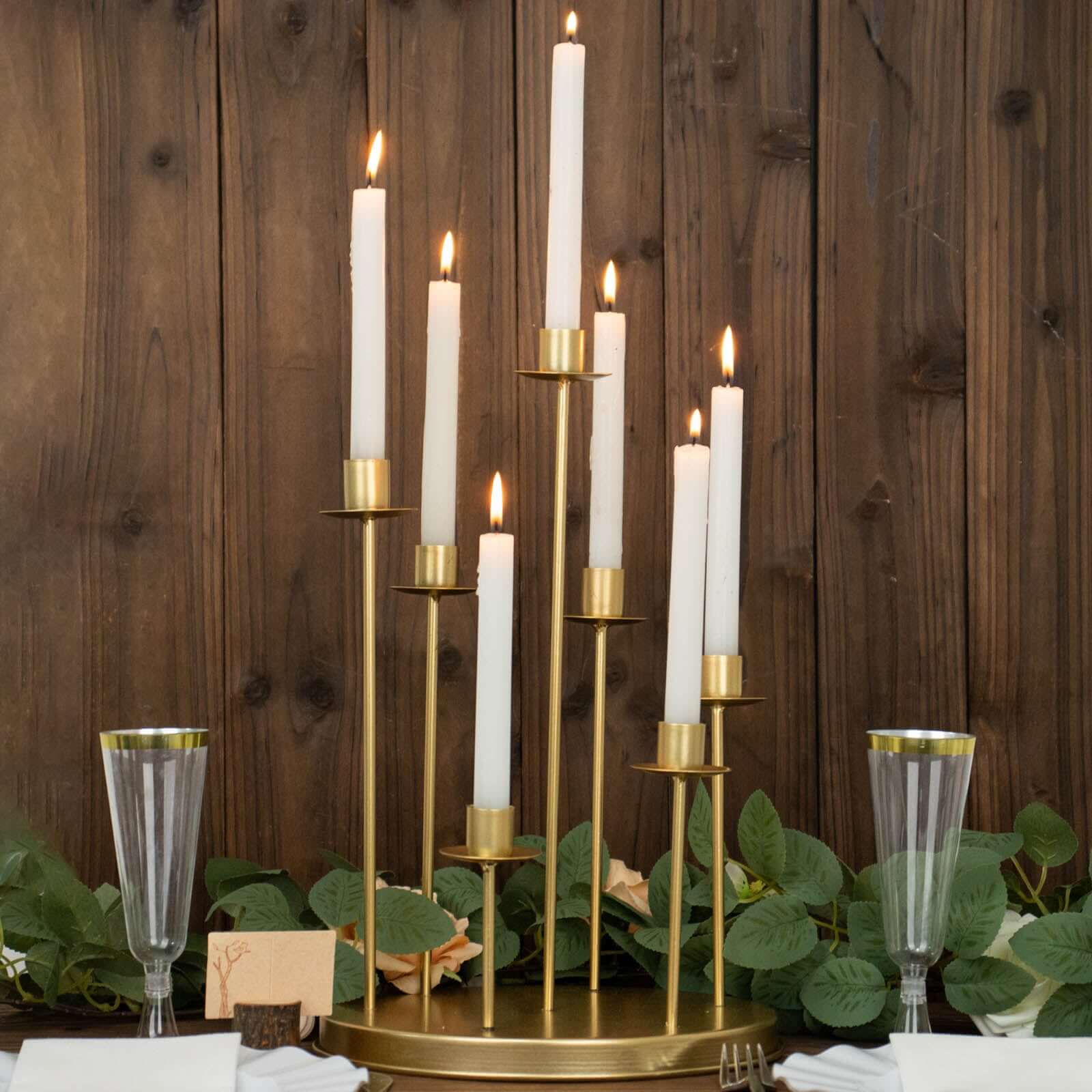 15" Tall Gold 7-Arm Metal Cluster Round Taper Candelabra, Wedding Centerpiece Tabletop Candle Holder Pro Linens