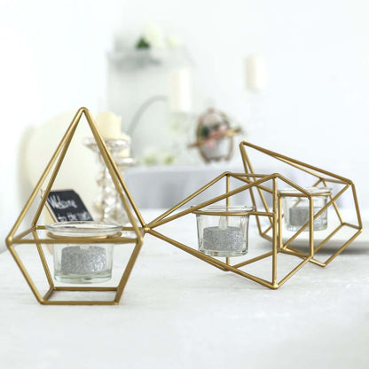 16" Long Gold Linked Geometric Tealight Candle Holder Set With Votive Glass Holders Pro Linens