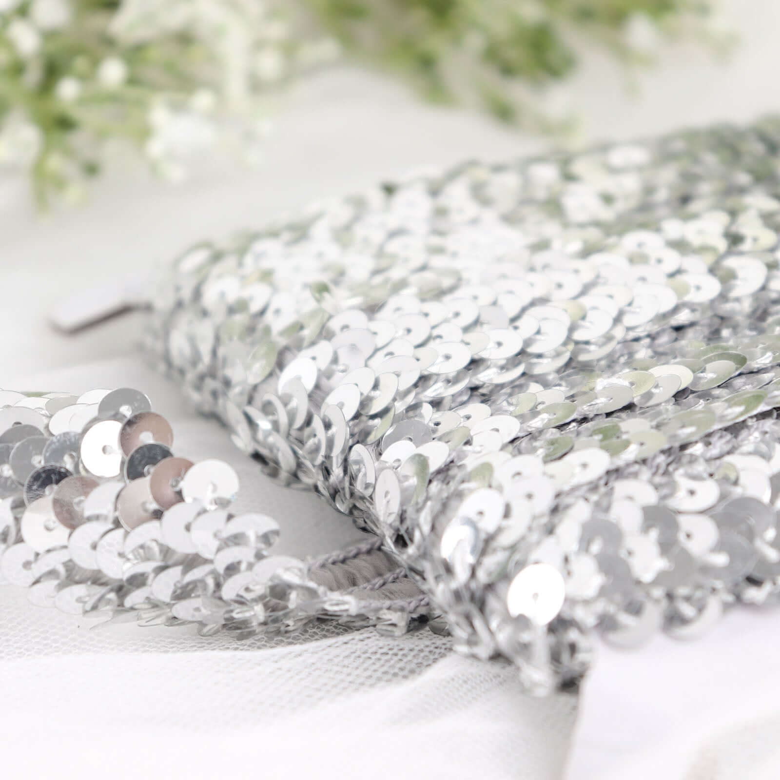 1"x10 Yards Metallic Silver Sequin Stretch Fabric Ribbon, Elastic Lace Trim, Shiny Glitter Craft Fabric - Pro Linens