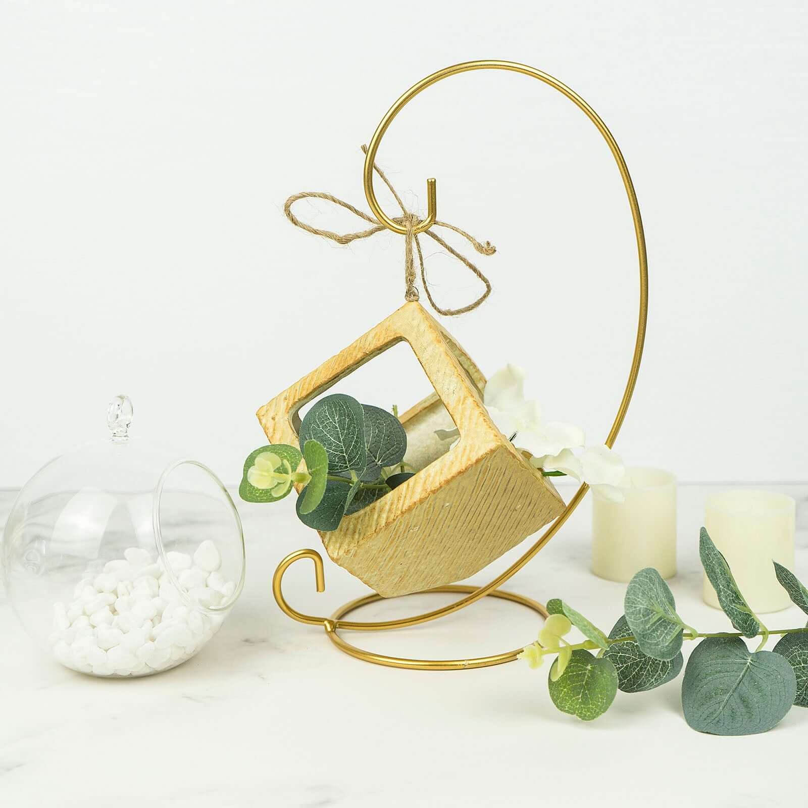 2 Pack 10" Tall Gold Metal Air Plant Terrarium Stand, Hanging Ornament Display Holder Pro Linens