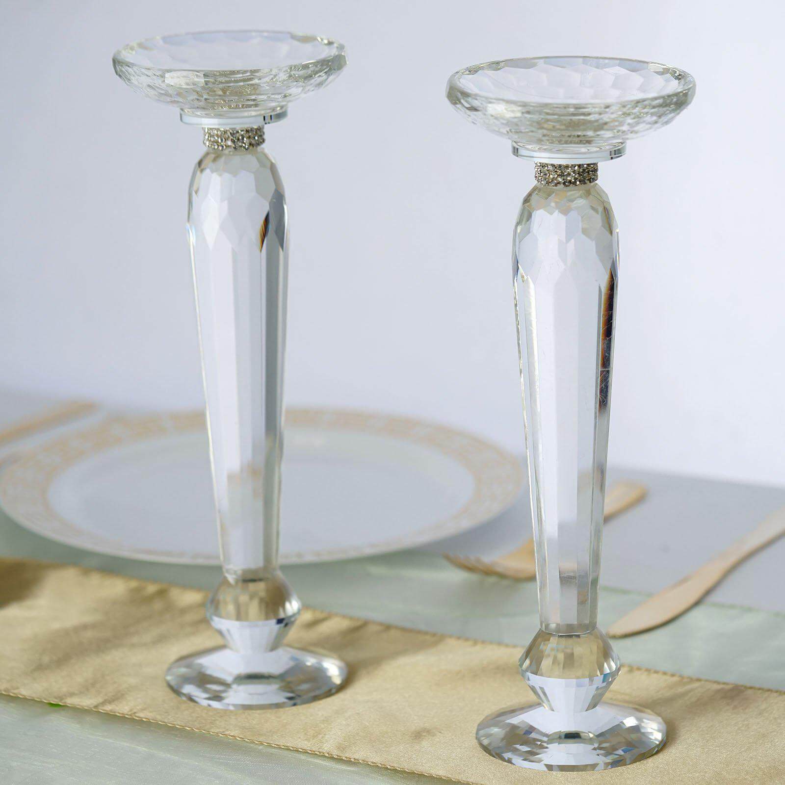 2 Pack 11" Premium Cut Crystal Glass Pillar Candle Holder Stands, Kissing Ball Flower Pedestals Pro Linens