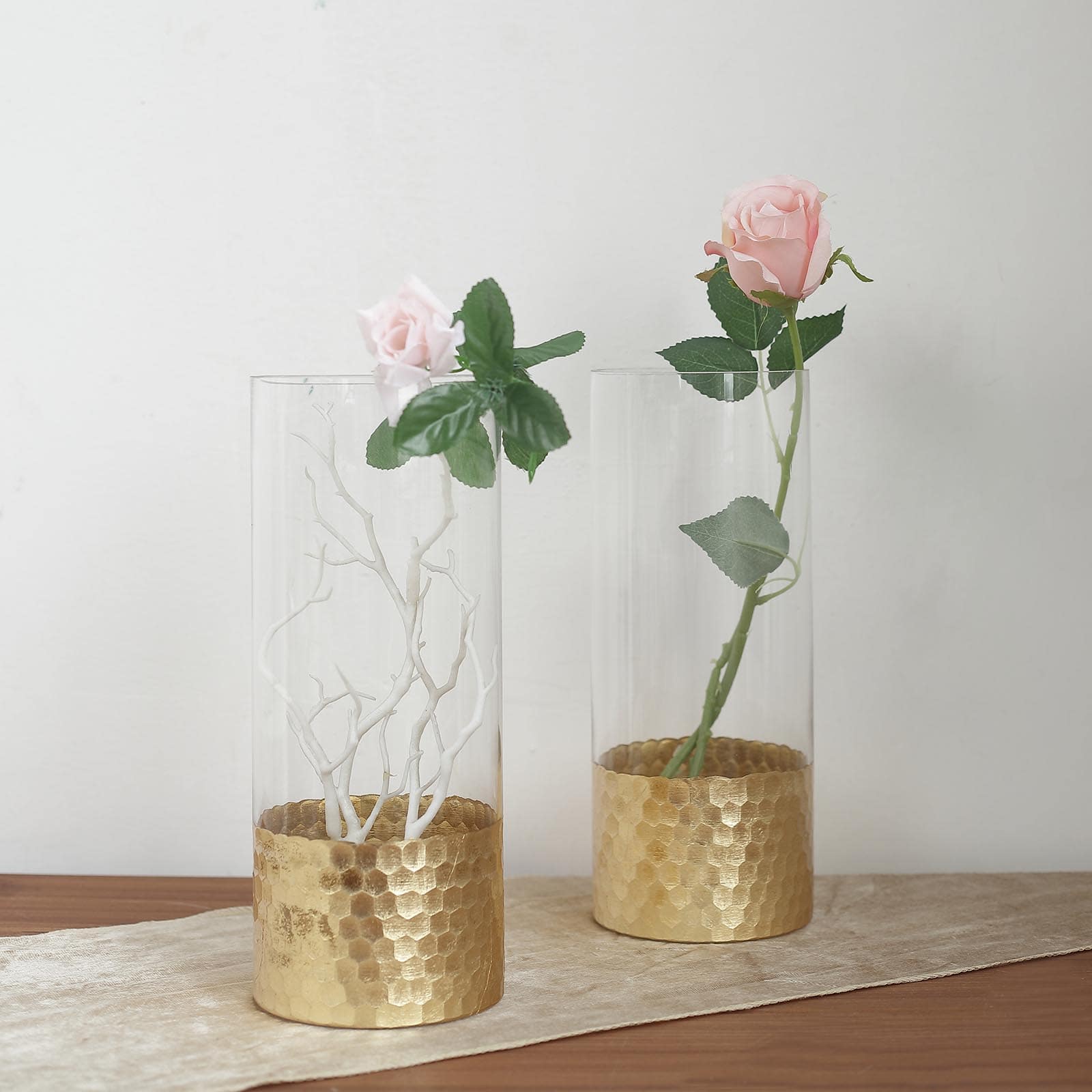 2 Pack 12" Clear Glass Cylinder Vases with Gold Honeycomb Base, Votive Tealight Candle Holders Pro Linens