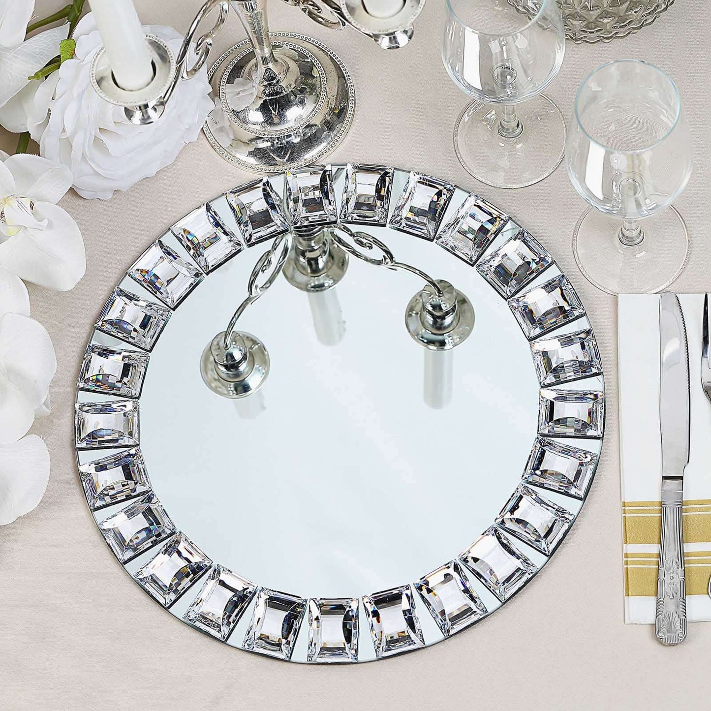 2 Pack 13" Silver Jeweled Rim Premium Glass Mirror Charger Plates Pro Linens