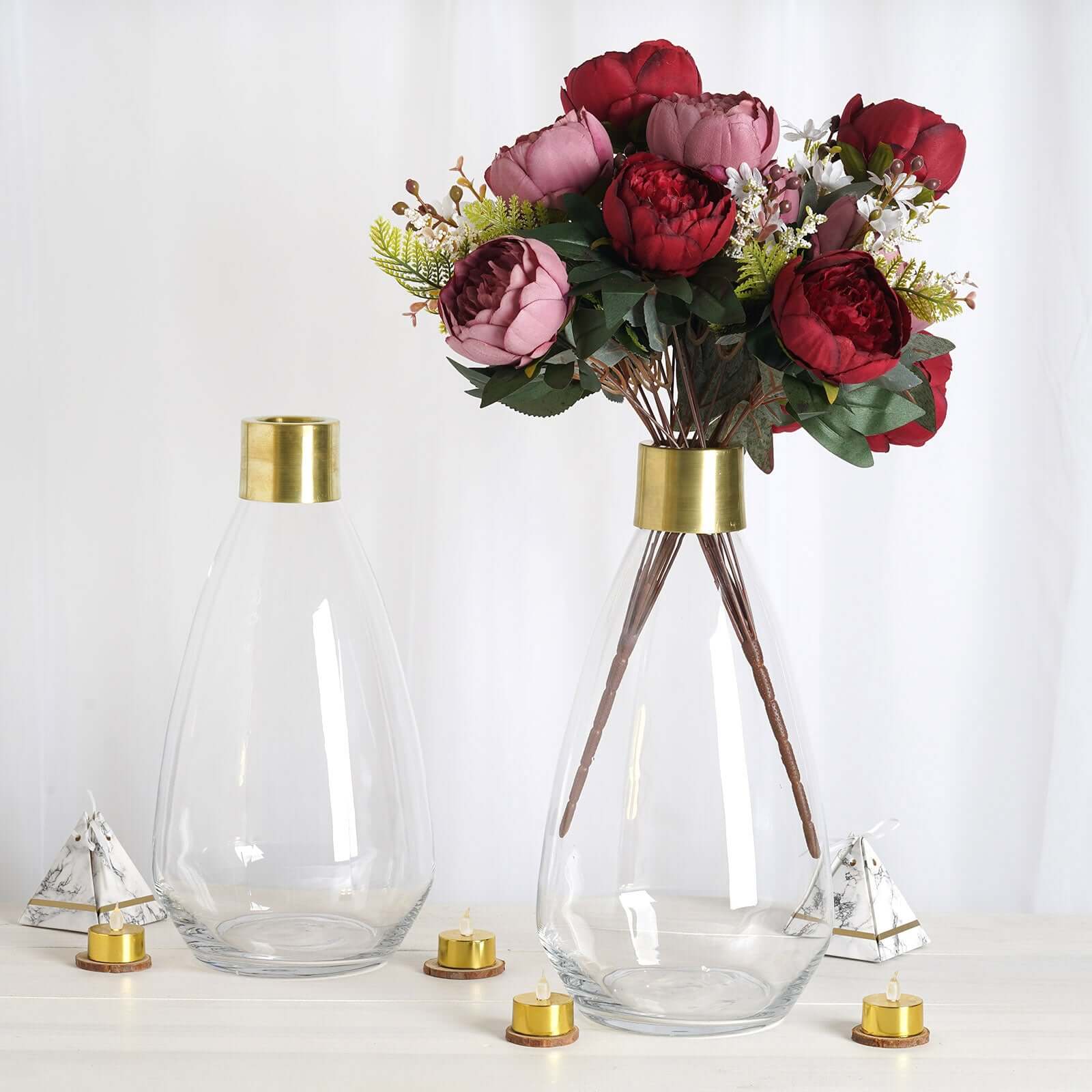 2 Pack 14" Clear Teardrop Glass Flower Vase with Gold Metal Top, Decorative Glass Jars Pro Linens