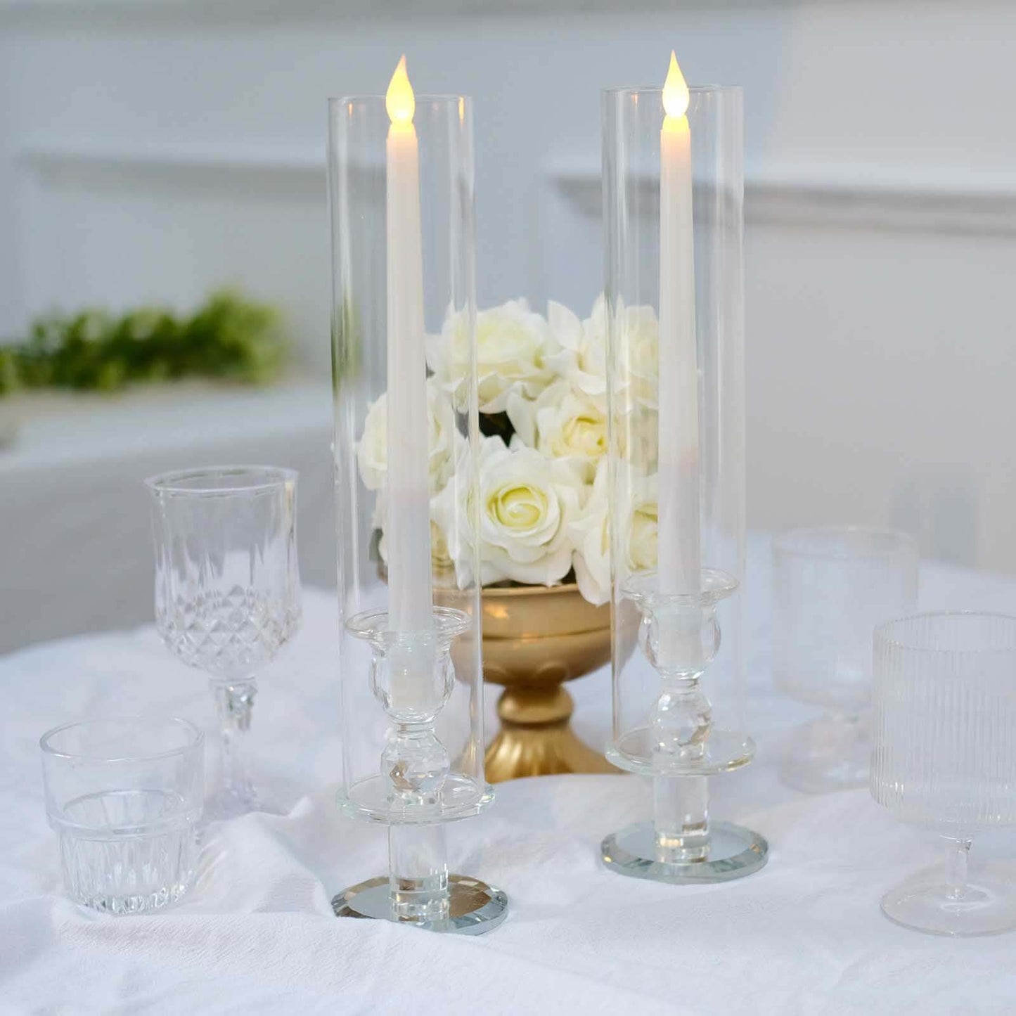 2 Pack 14" Tall Clear Crystal Glass Hurricane Taper Candle Holders With Cylinder Chimney Tubes Pro Linens