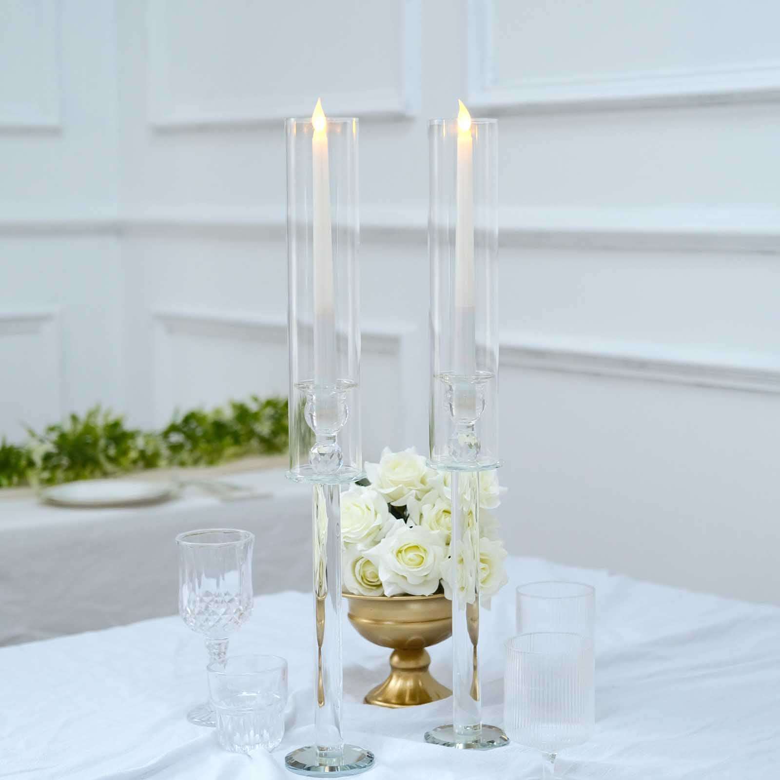 2 Pack 22" Tall Clear Crystal Glass Hurricane Taper Candle Holders With Cylinder Chimney Tubes Pro Linens