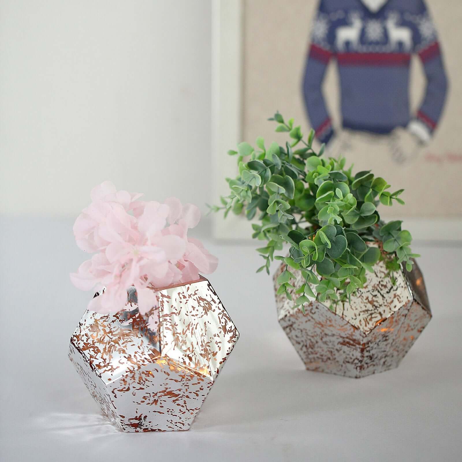 2 Pack 5" Silver Rose Gold Pentagon Geometric Mercury Glass Vases, Candle Holder Centerpieces Pro Linens