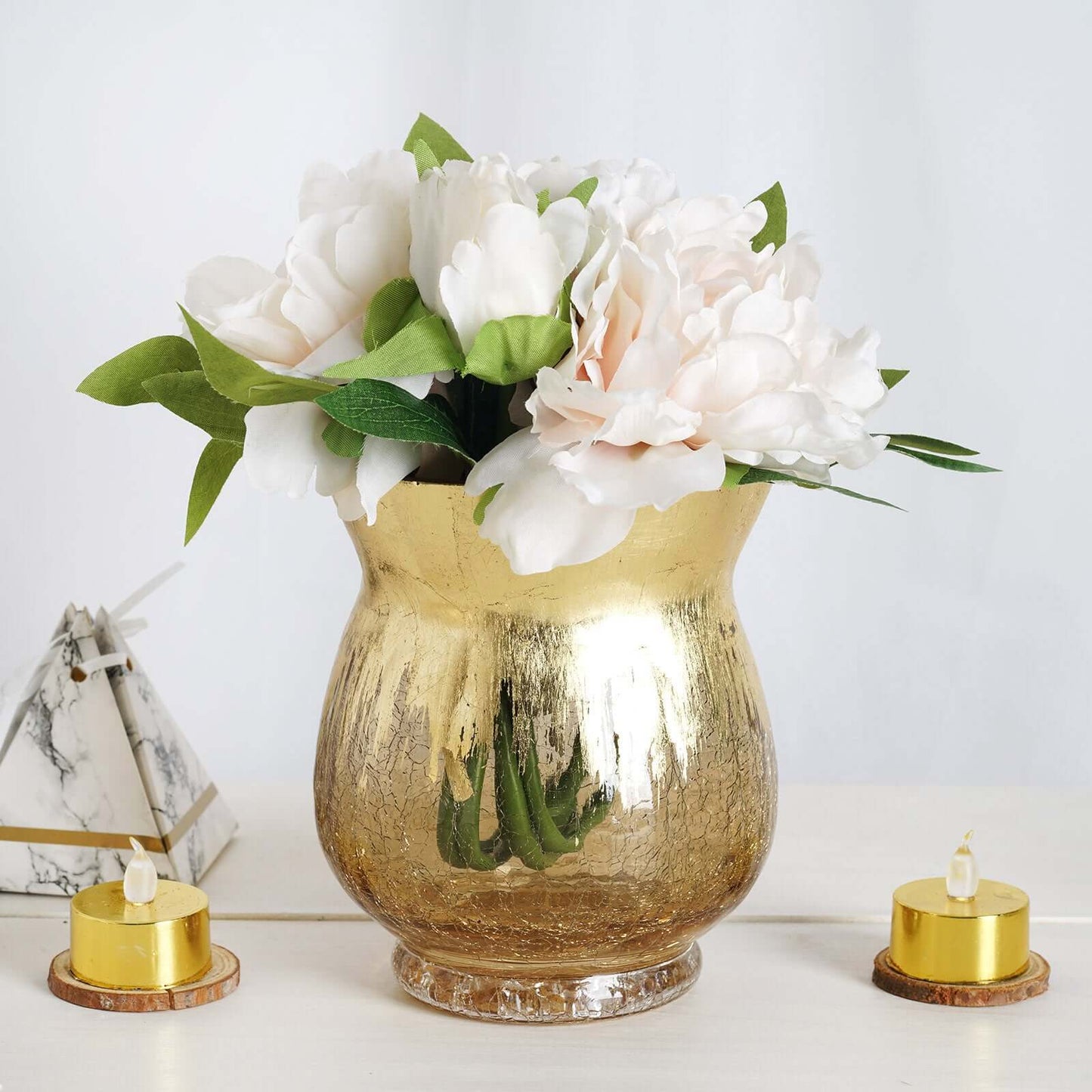 2 Pack 6" Gold Curvy Bell Shaped Crackle Glass Hurricane Vase, Votive Tealight Candle Holders Pro Linens