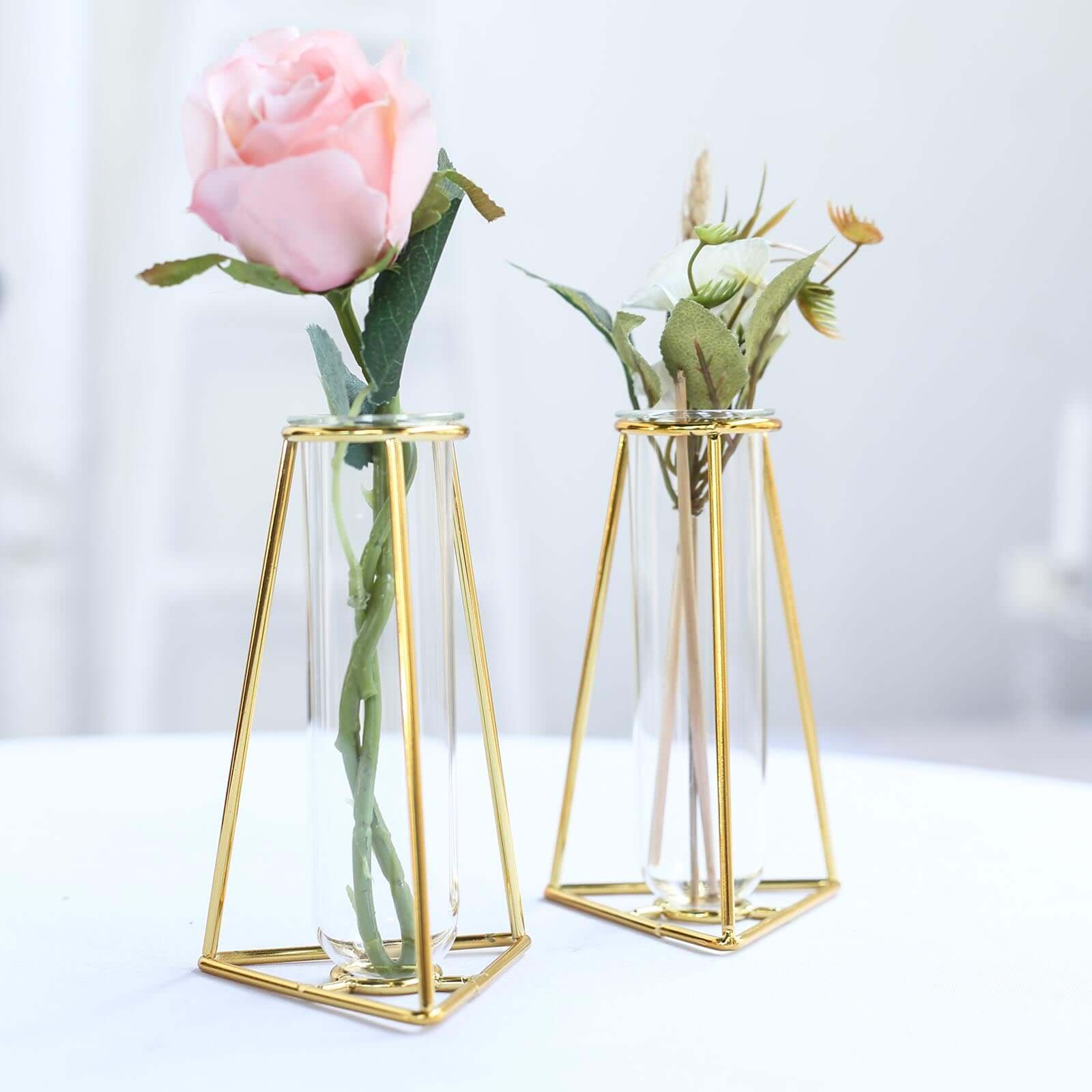 2 Pack 6" Triangular Gold Metal Frame Test Tube Bud Vases, Mini Geometric Wedding Centerpieces Pro Linens