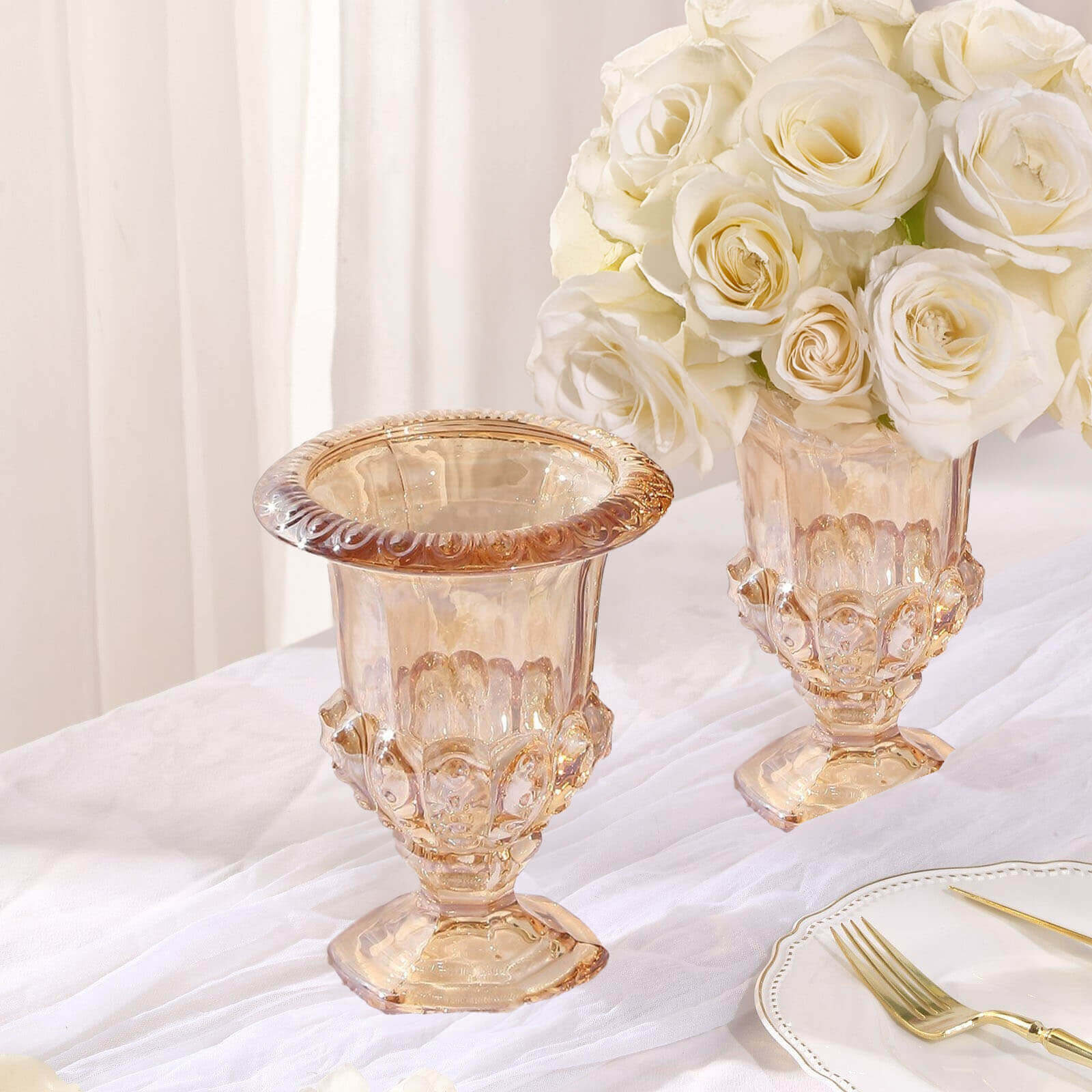 2 Pack Amber Gold Glass Pedestal Flower Vases in Classic Roman Urn Style, 8" Mini Floral Vase Table Centerpieces Pro Linens