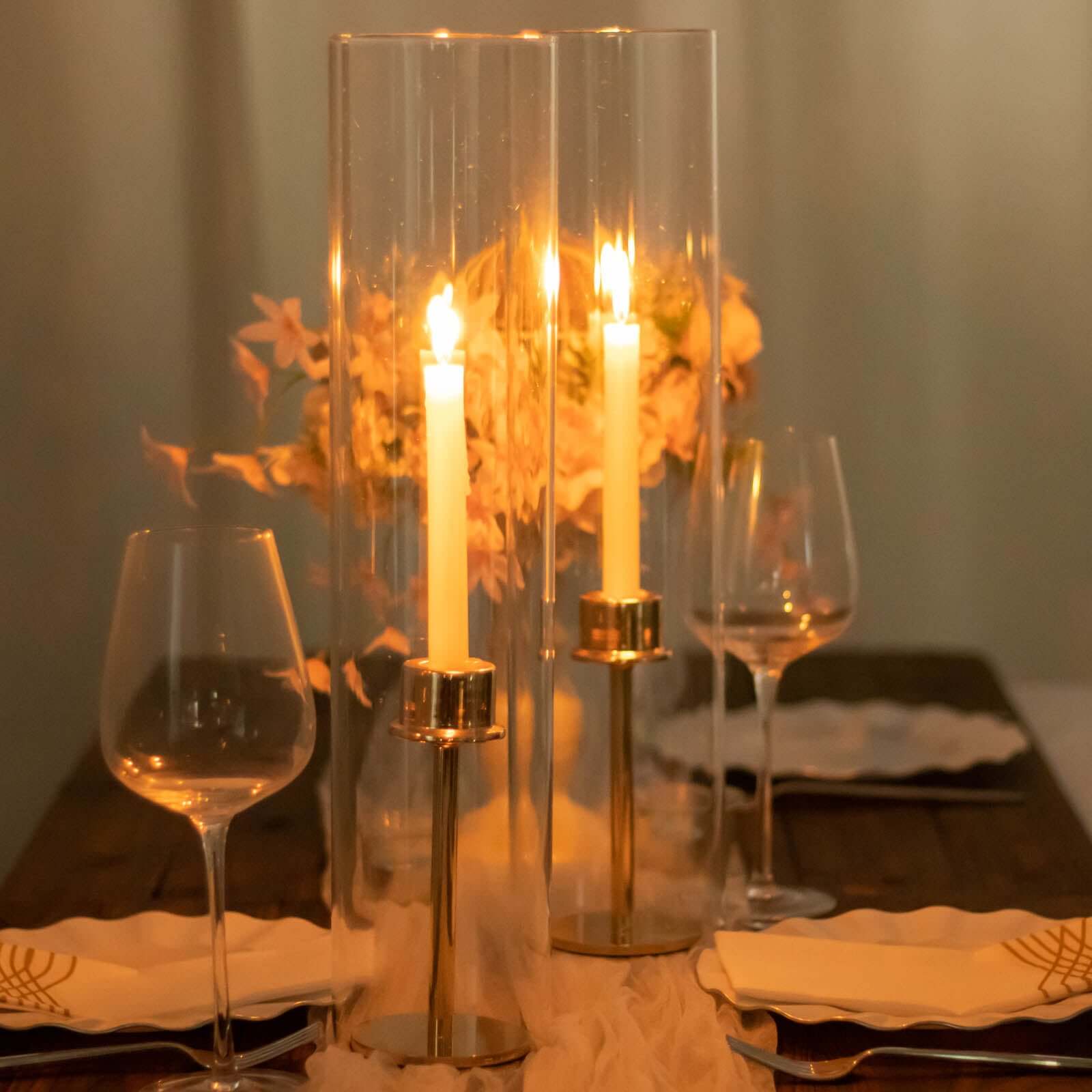 2 Pack Clear 14" Candelabra Candle Holder Glass Shade, Open End Hurricane Candle Shade, Pillar Candle Shade Pro Linens