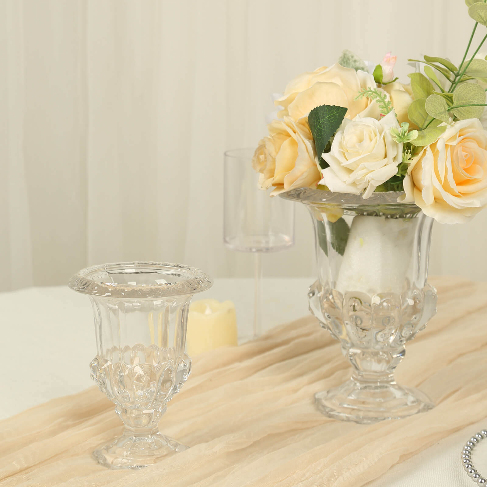 2 Pack Clear Glass Pedestal Flower Vases in Classic Roman Urn Style, 6" Mini Floral Vase Table Centerpieces Pro Linens