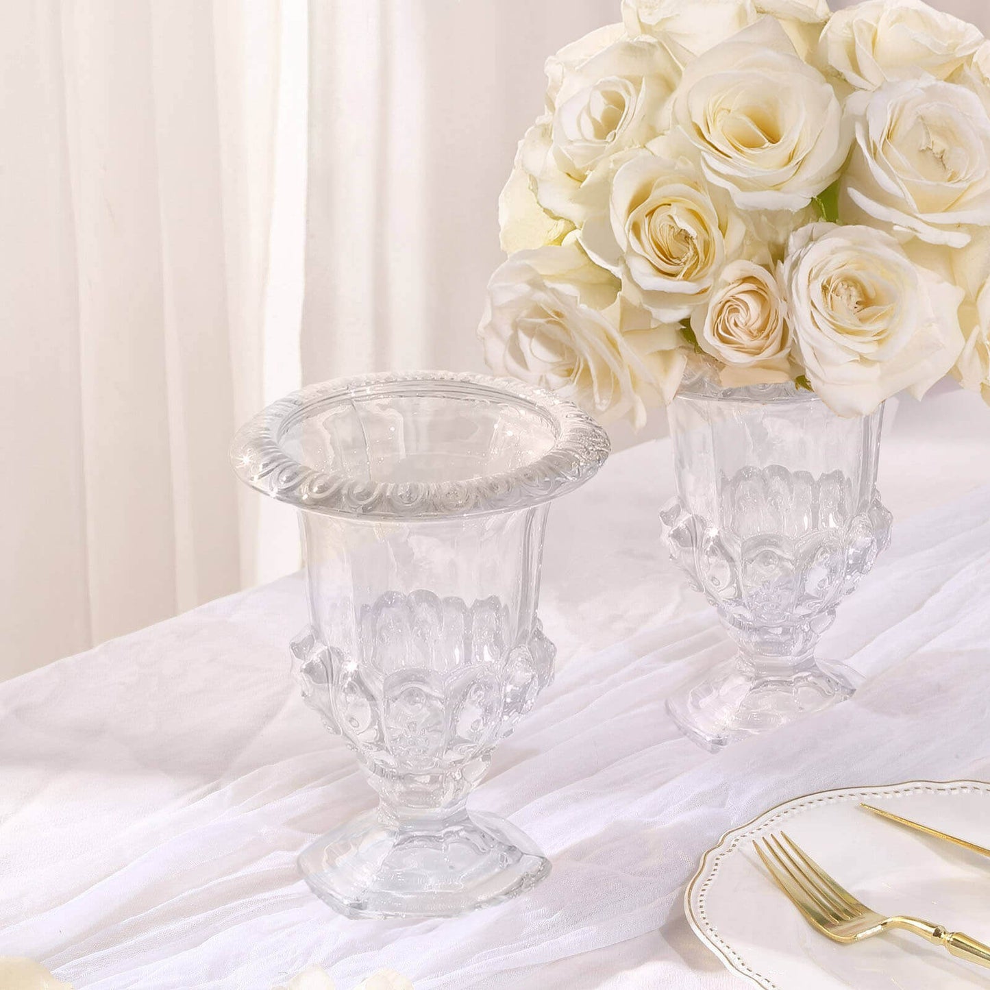 2 Pack Clear Glass Pedestal Flower Vases in Classic Roman Urn Style, 8" Mini Floral Vase Table Centerpieces Pro Linens