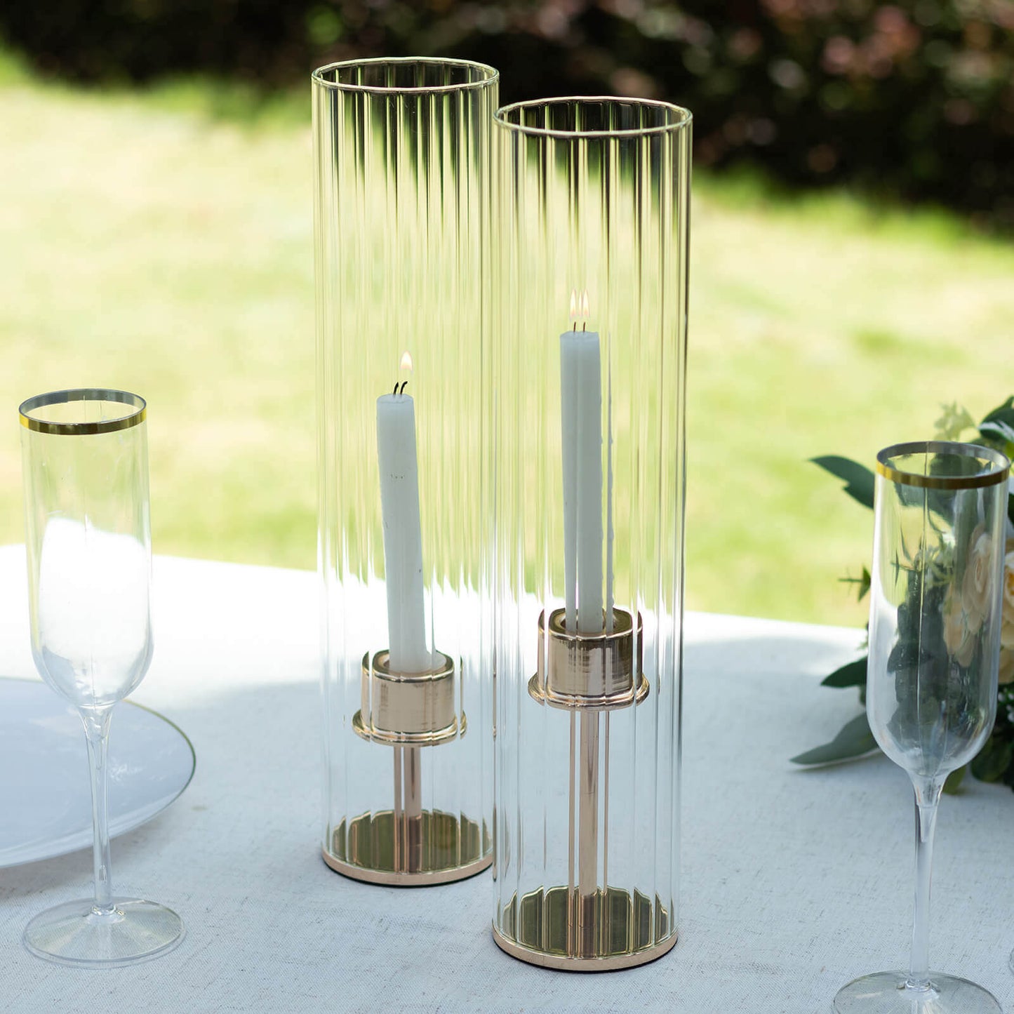 2 Pack Clear Ribbed Candle Holder Glass Shades With Open Ends, Pillar Hurricane Candelabra Candle Shades - 14" Pro Linens