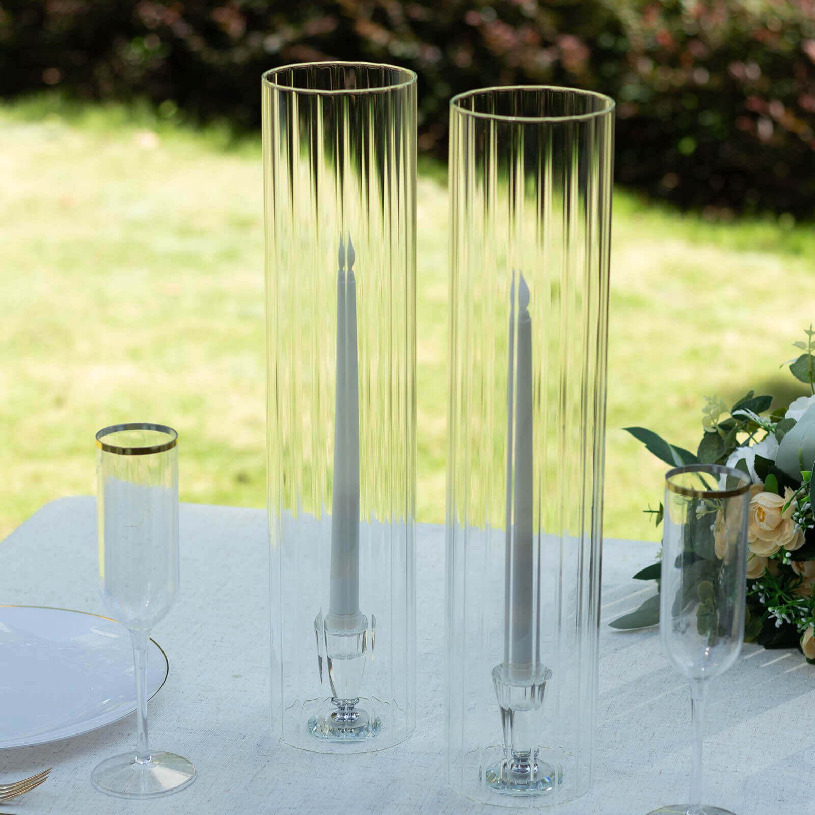 2 Pack Clear Ribbed Candle Holder Glass Shades With Open Ends, Pillar Hurricane Candelabra Candle Shades - 18" Pro Linens