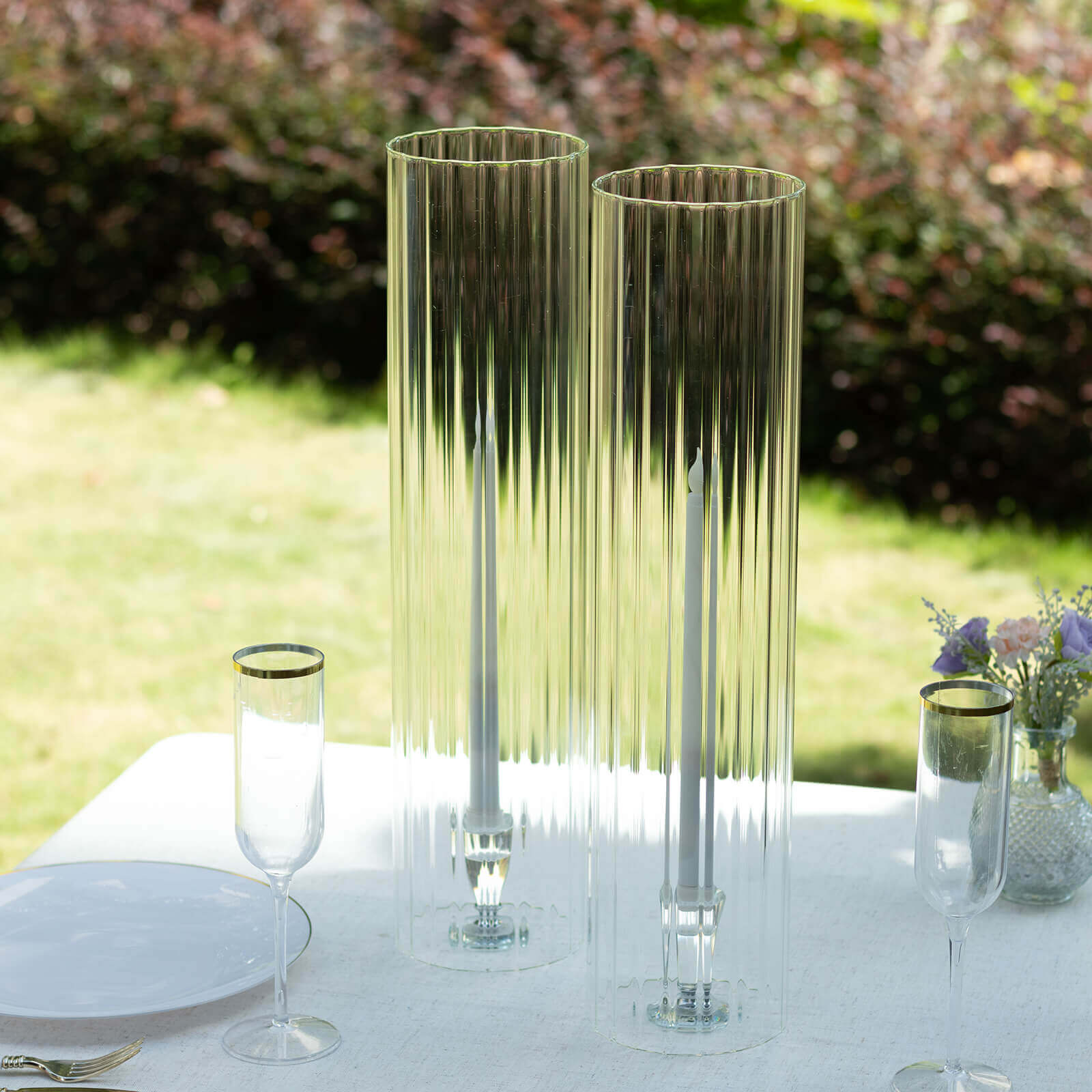 2 Pack Clear Ribbed Candle Holder Glass Shades With Open Ends, Pillar Hurricane Candelabra Candle Shades - 20" Pro Linens