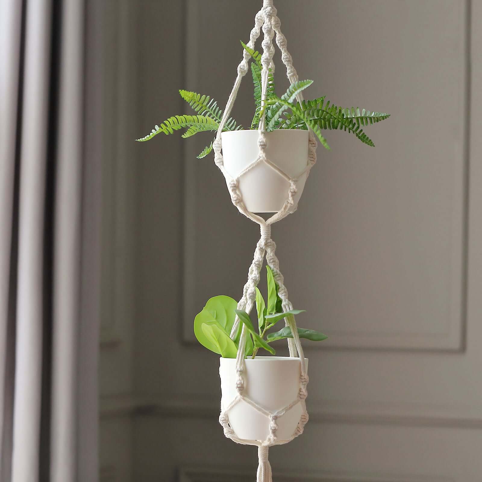 2-Tier Double Ivory Macrame Indoor Hanging Planter Basket Cotton Rope, Dual Decorative Flower Pot Holder With Tassel, Boho Chic Home Decor Pro Linens