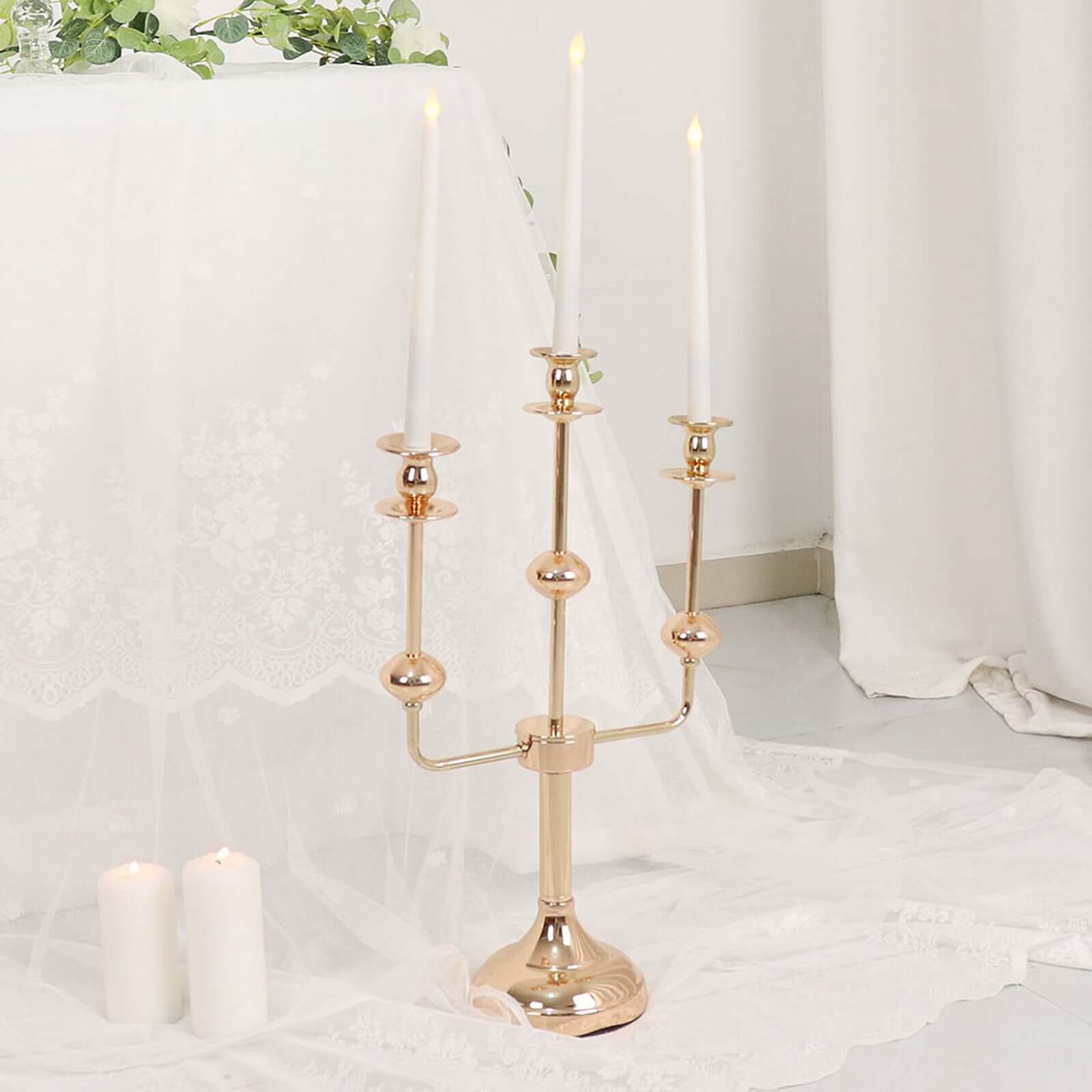 20" Gold Metal 3-Arm Taper Candle Stick Candelabra, Candle Holder Stand Wedding Centerpiece Pro Linens