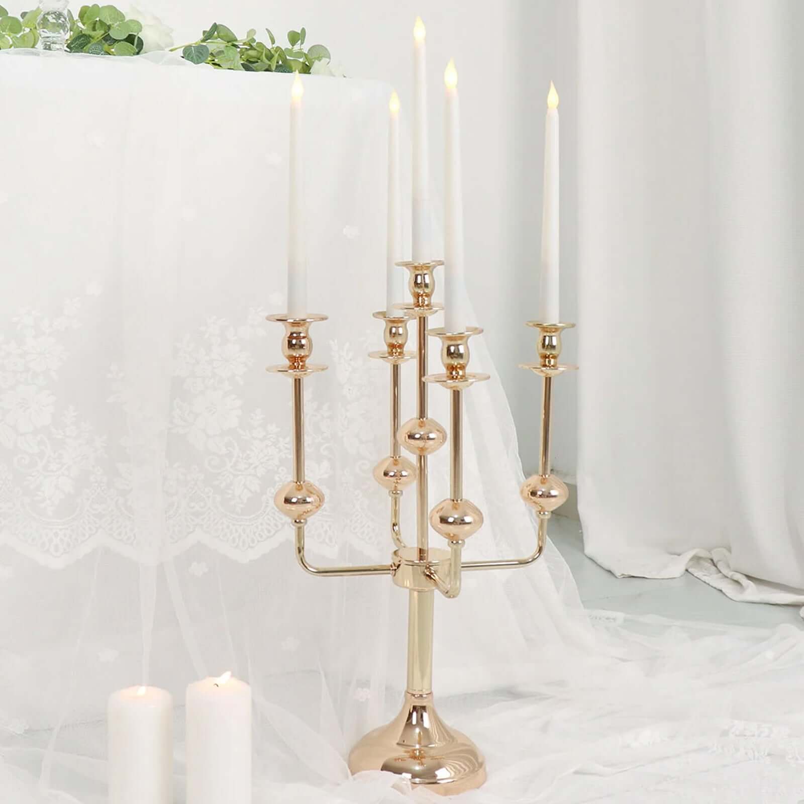 20" Gold Metal 5-Arm Taper Candle Stick Candelabra, Candle Holder Stand Wedding Centerpiece Pro Linens