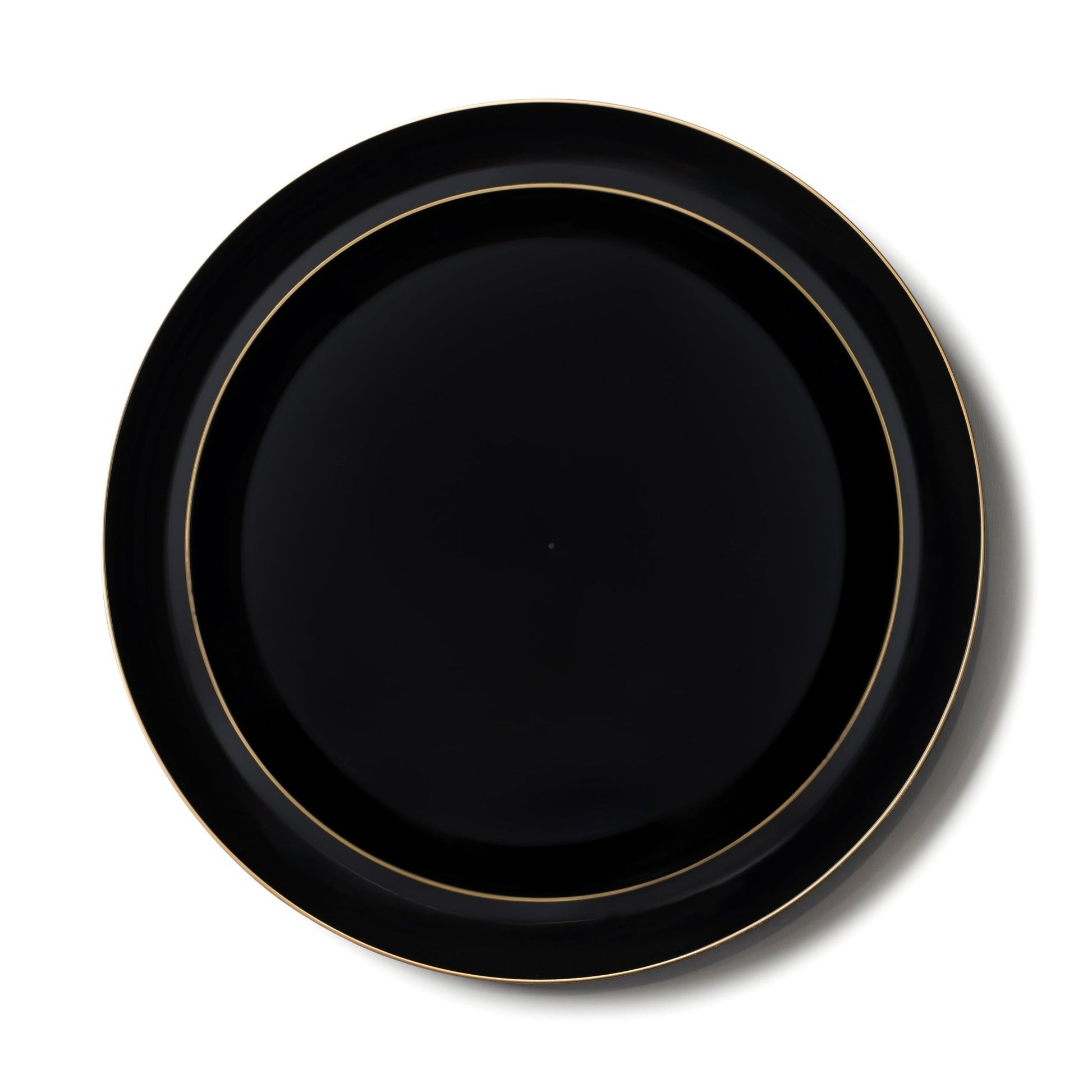 20 Pack Black and Gold Round Plastic Dinnerware Set (10 Guests) - Edge - Pro Linens