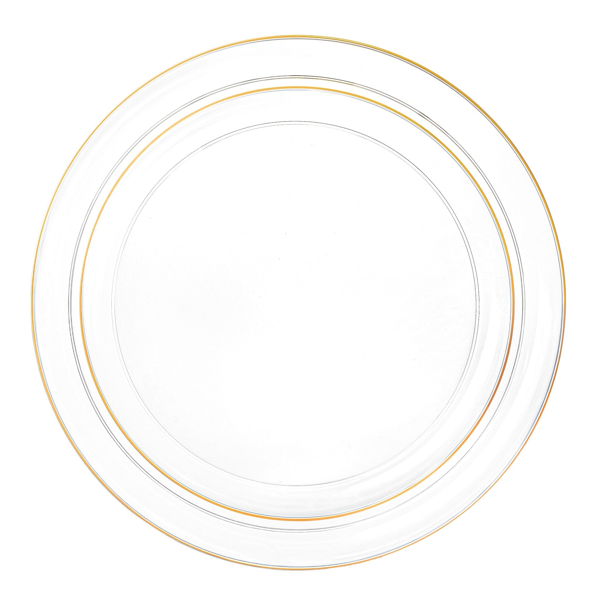 20 Pack Clear and Gold Round Plastic Dinnerware Set (10 Guests) - Edge - Pro Linens