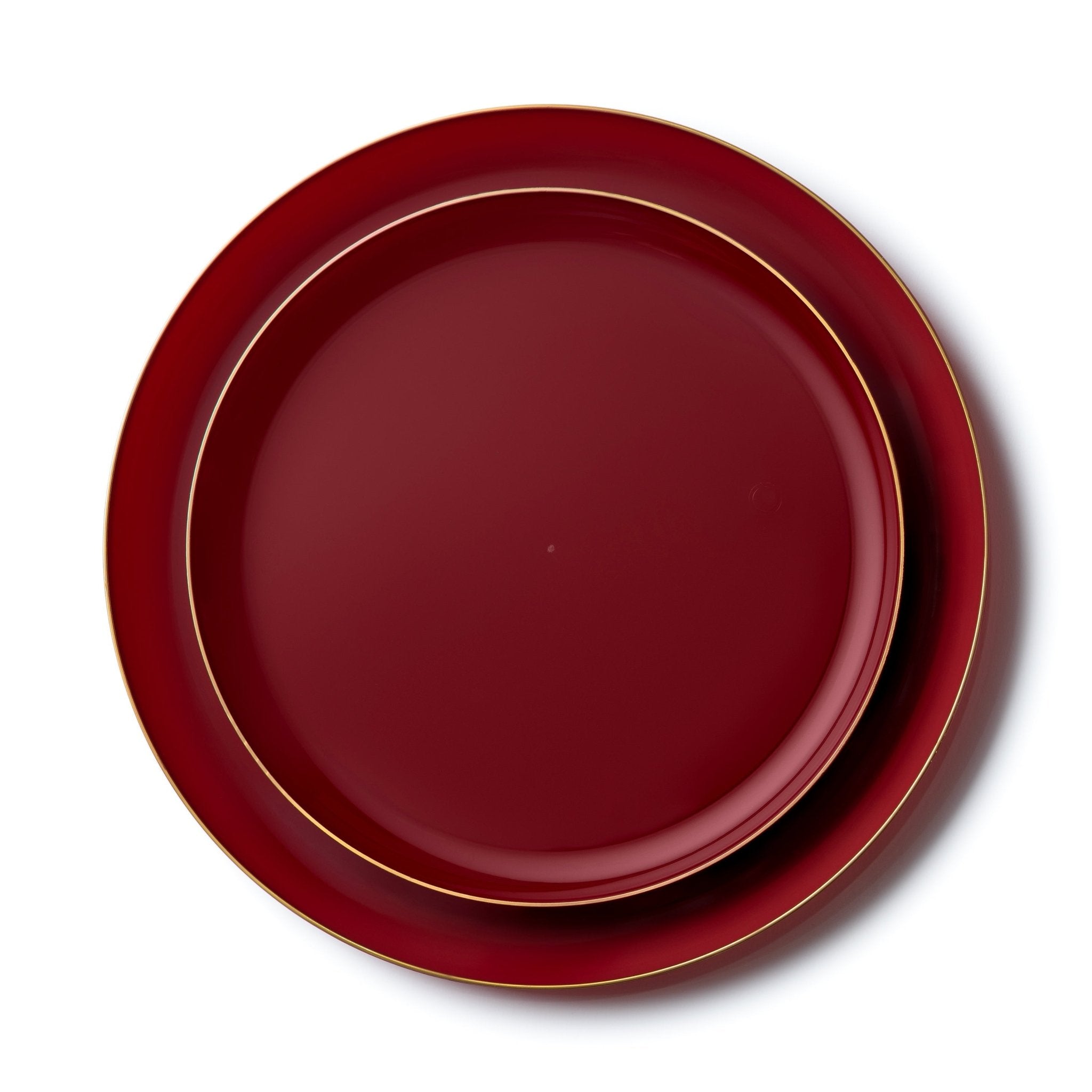 20 Pack Cranberry and Gold Round Plastic Dinnerware Set (10 Guests) - Edge - Pro Linens