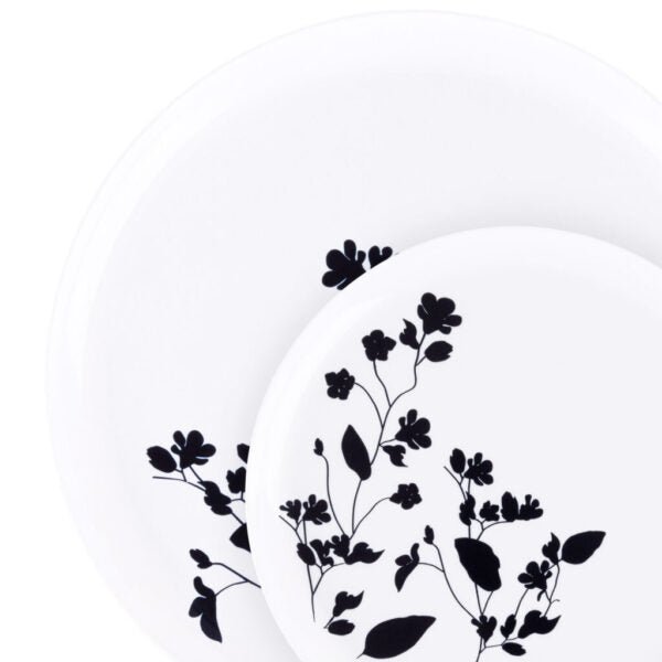 20 Pack White and Black Round Plastic Dinnerware Set (10 Guests) - Garden - Pro Linens