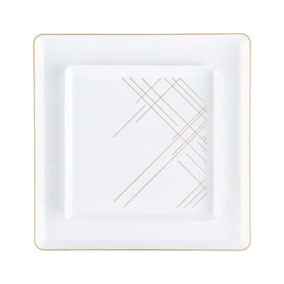 20 Pack White and Gold Geometric Square Plastic Dinnerware Set (10 Guests) - Square Edge - Pro Linens