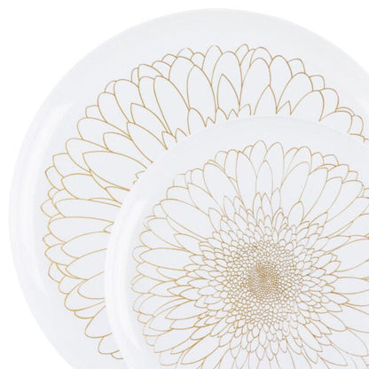 20 Pack White and Gold Round Plastic Dinnerware Set (10 Guests) - Blossom - Pro Linens