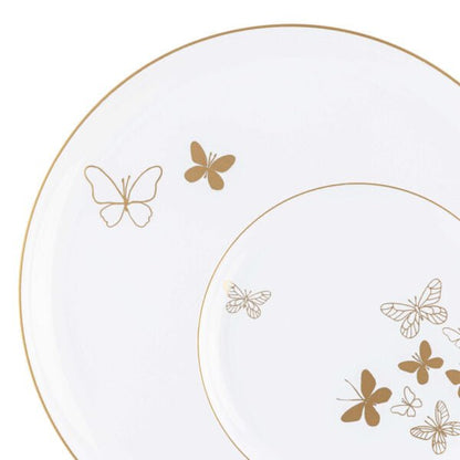 20 Pack White and Gold Round Plastic Dinnerware Set (10 Guests) - Butterfly - Pro Linens