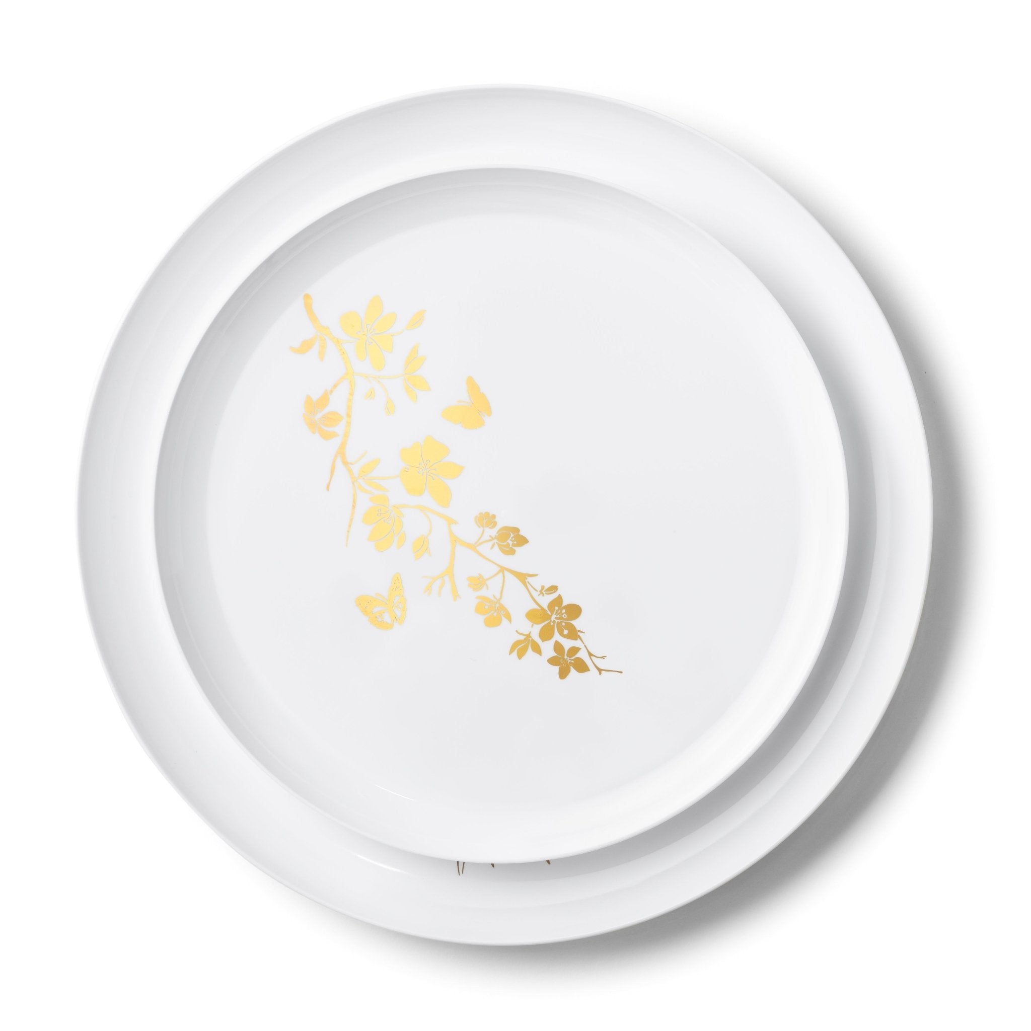 20 Pack White and Gold Round Plastic Dinnerware Set (10 Guests) - Garden Edge - Pro Linens