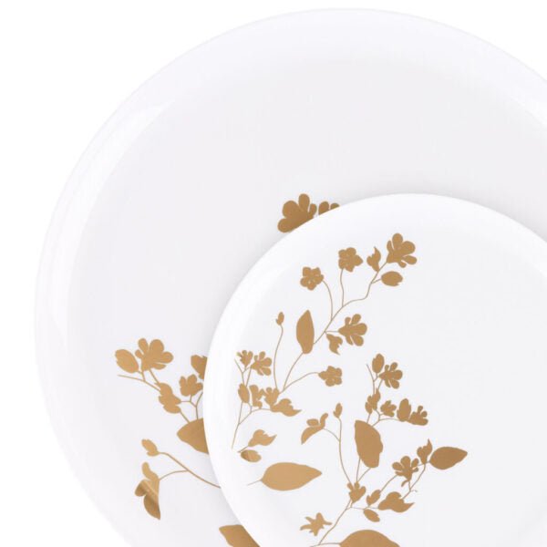 20 Pack White and Gold Round Plastic Dinnerware Set (10 Guests) - Garden - Pro Linens